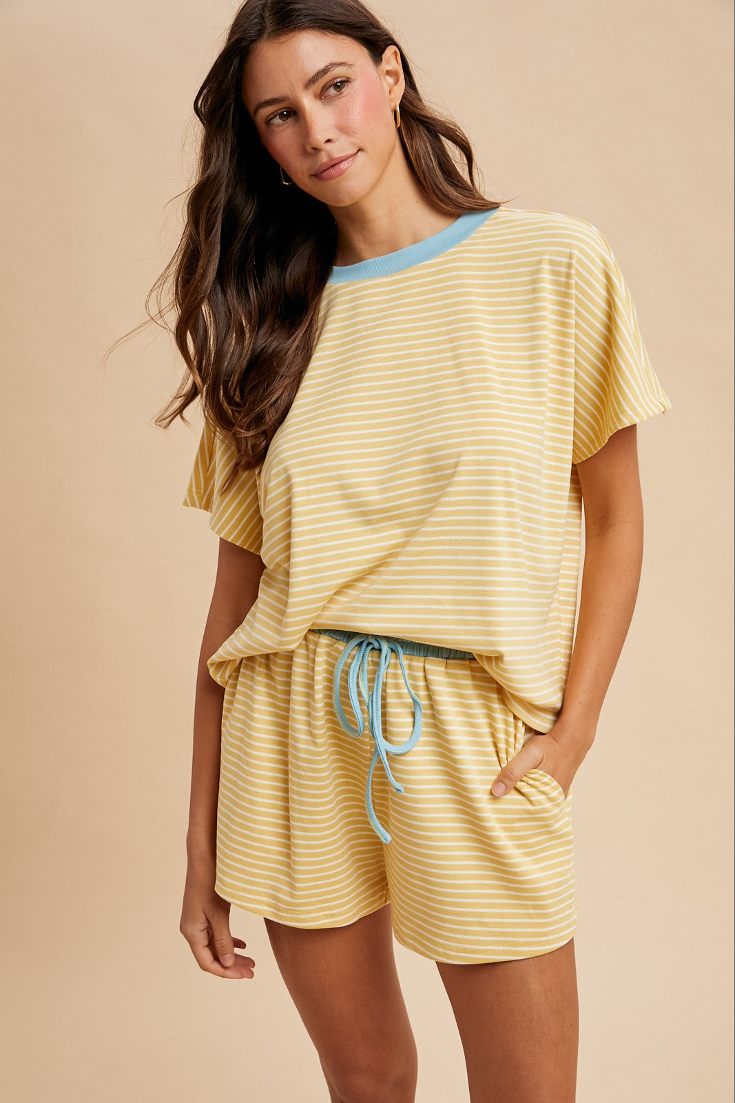 Butter/Sky Loose Fit Striped Knit Top & Mini Shorts Set