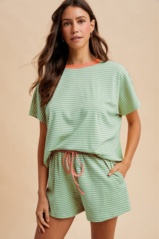 Pistachio/Salmon Loose Fit Striped Knit Top & Mini Shorts Set