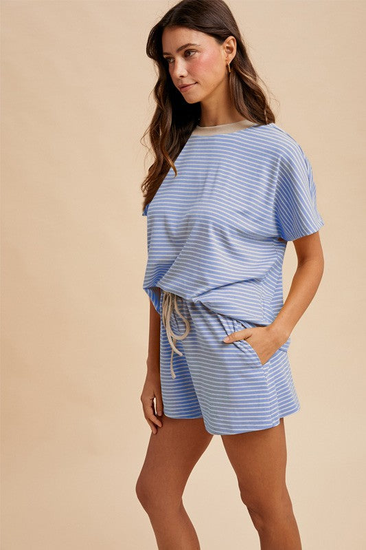 Denim Blue/Taupe Loose Fit Striped Knit Top & Mini Shorts Set