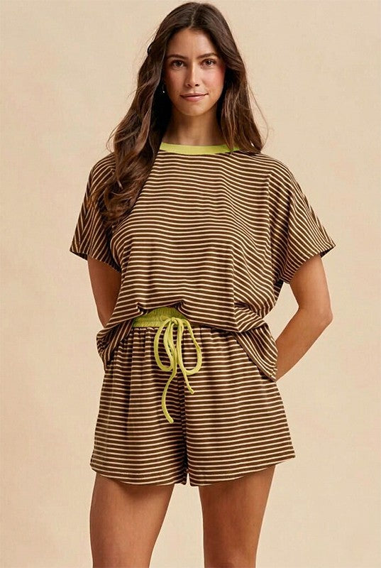 Mocha/Gold Loose Fit Striped Knit Top & Mini Shorts Set