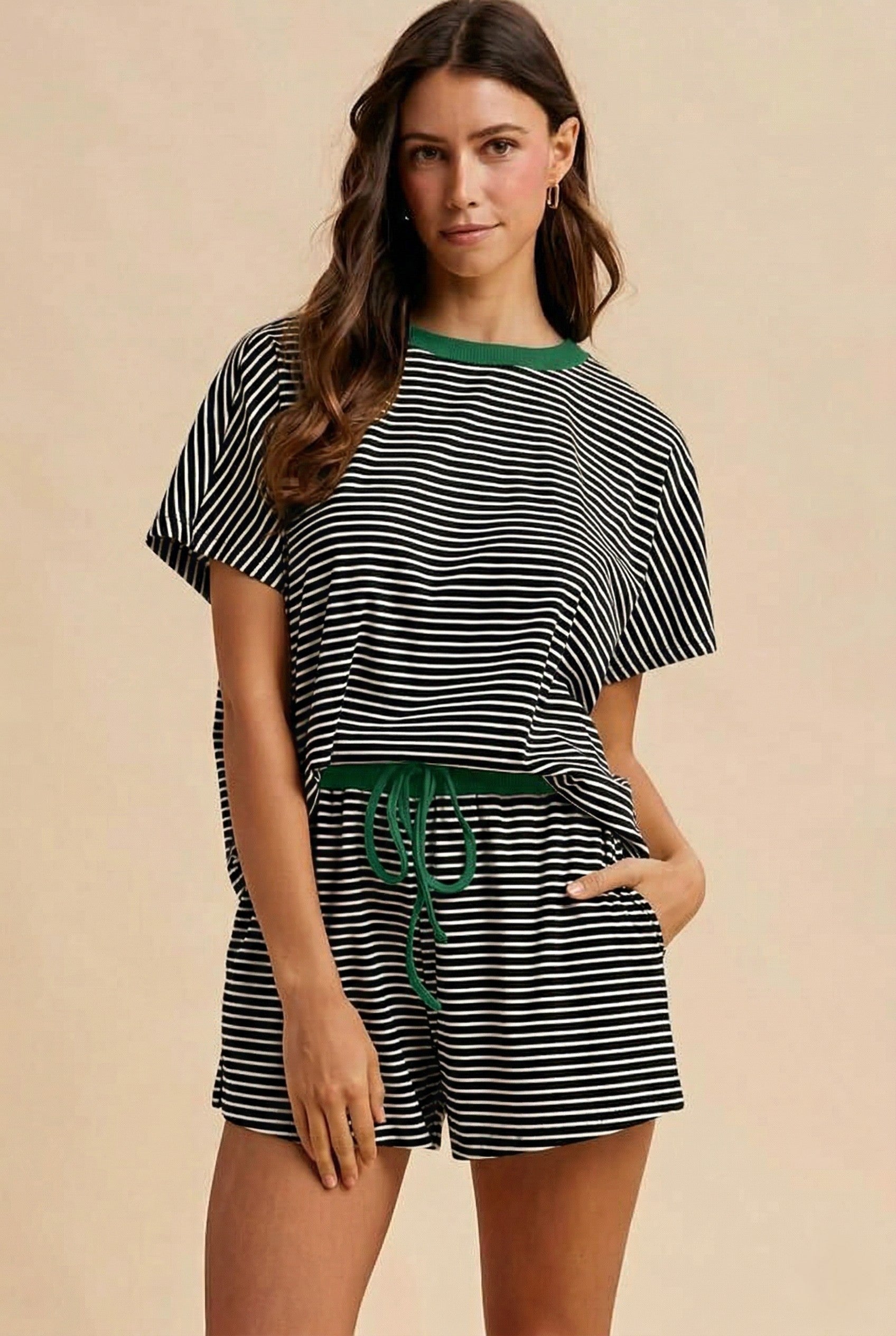 Black/Green Loose Fit Striped Knit Top & Mini Shorts Set