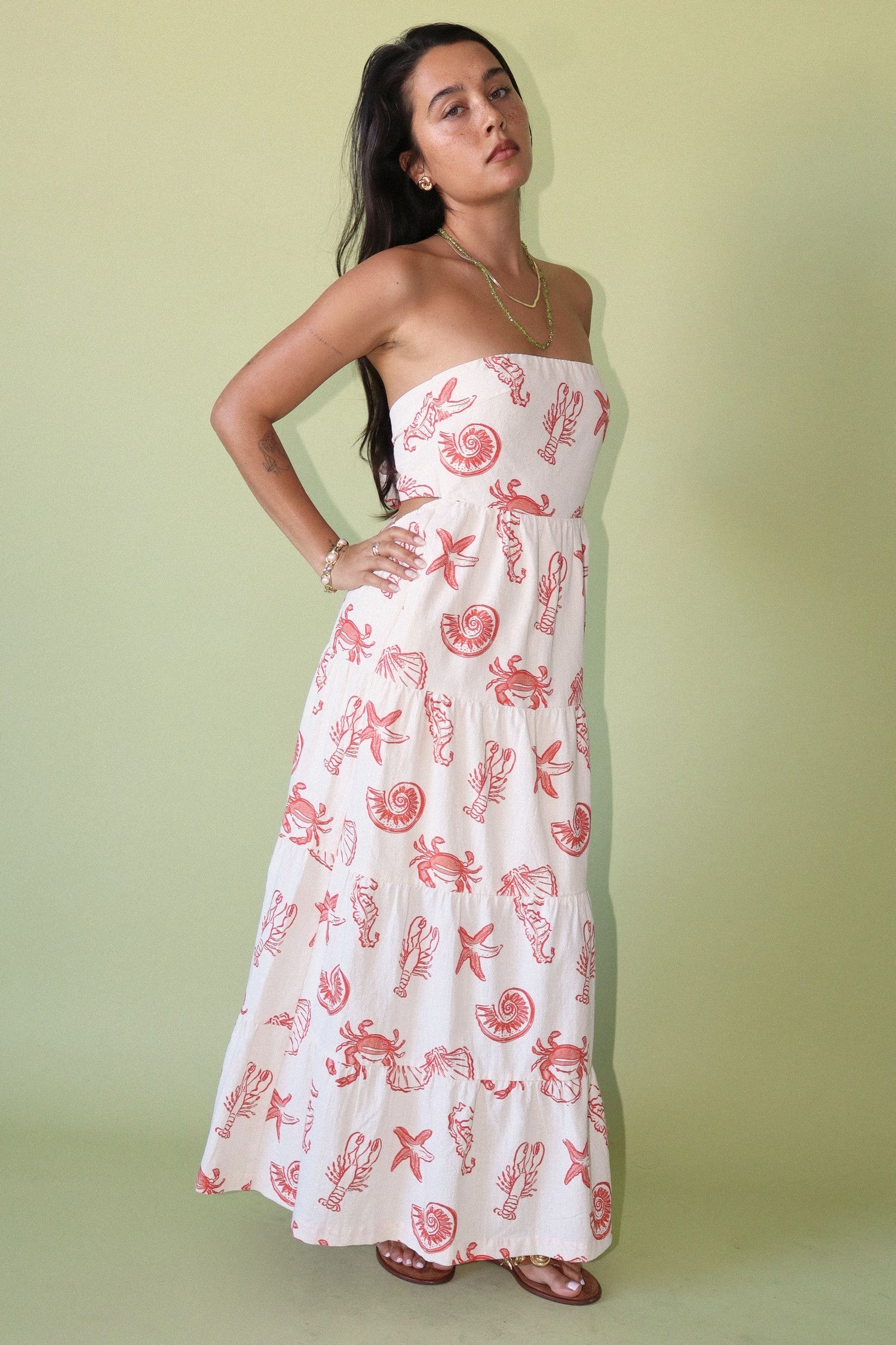 Cream/Red Strapless Seashell Maxi Dress