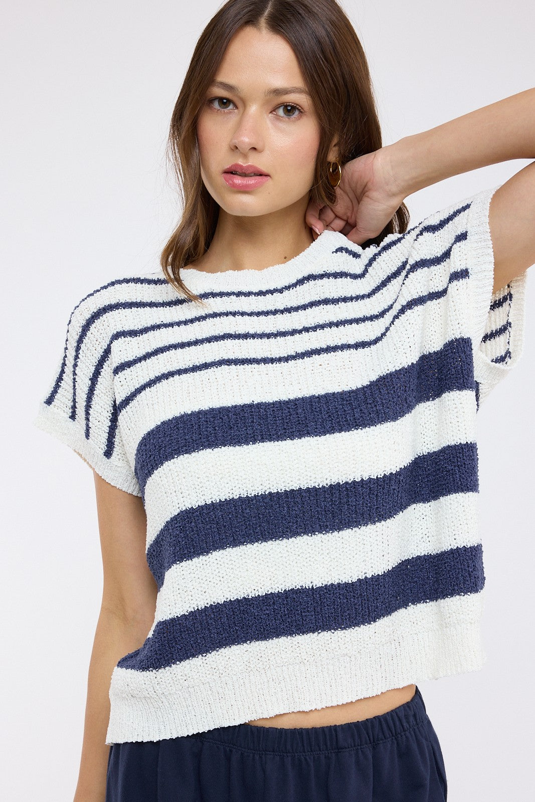 Blue and White Multi-striped Sweater Top