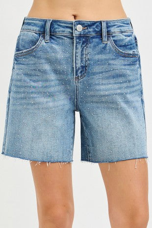 Slouchy Mid Length All Over Rhinestones Shorts