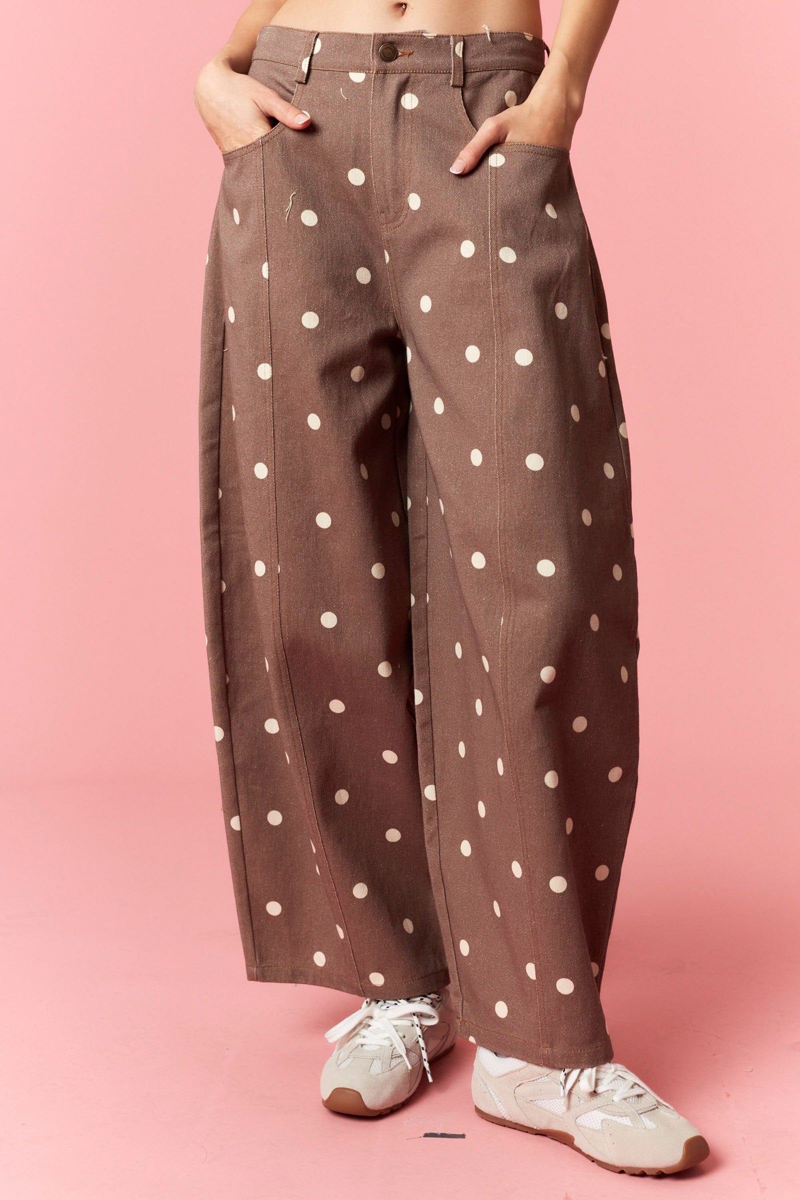 Brown Polka Dot Printed Wide Denim Pants