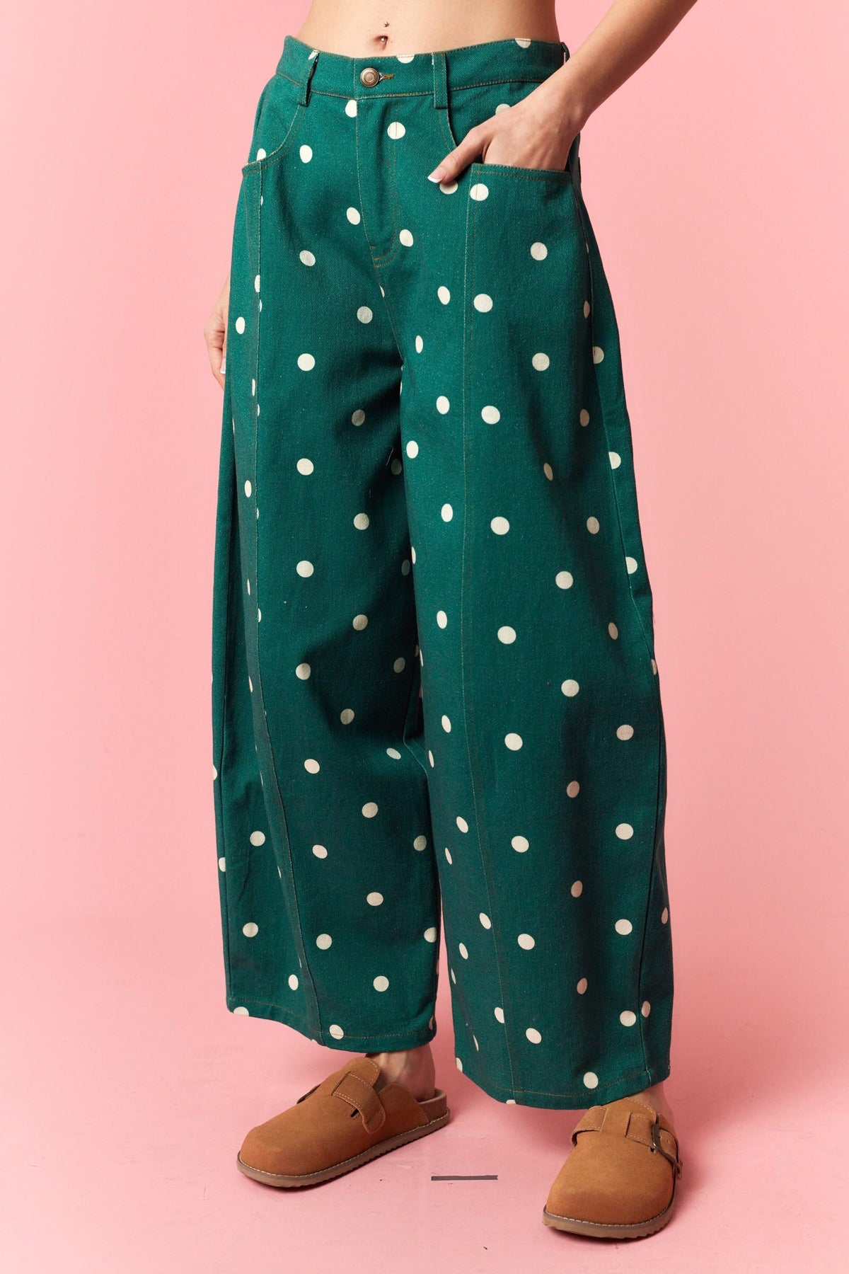 Hunter Green Polka Dot Printed Wide Denim Pants