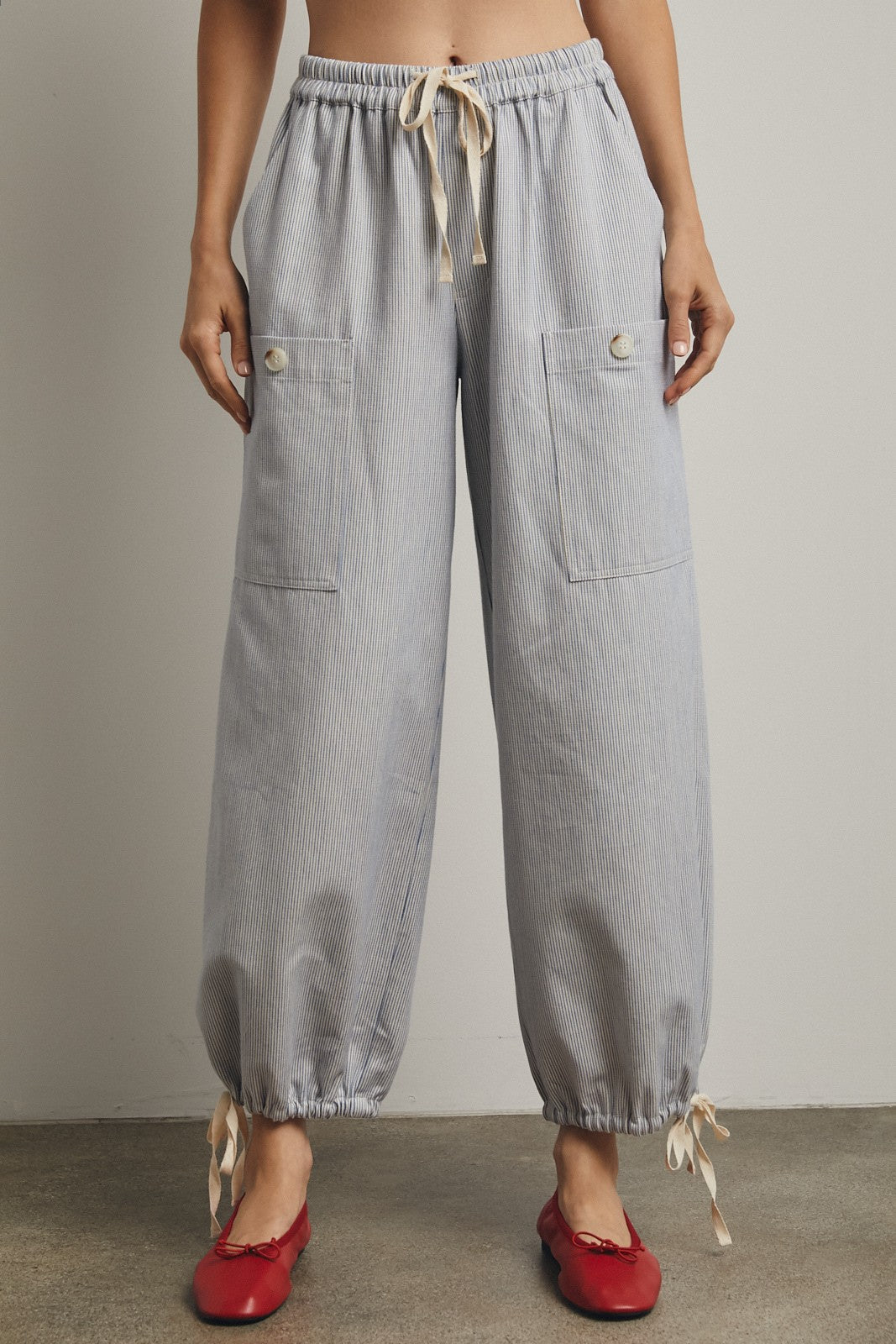 Blue Striped Cargo Tie-hem Pants