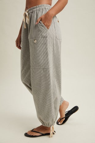 Black Striped Cargo Tie-hem Pants