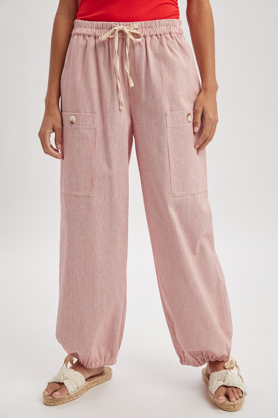 Red Striped Cargo Tie-hem Pants