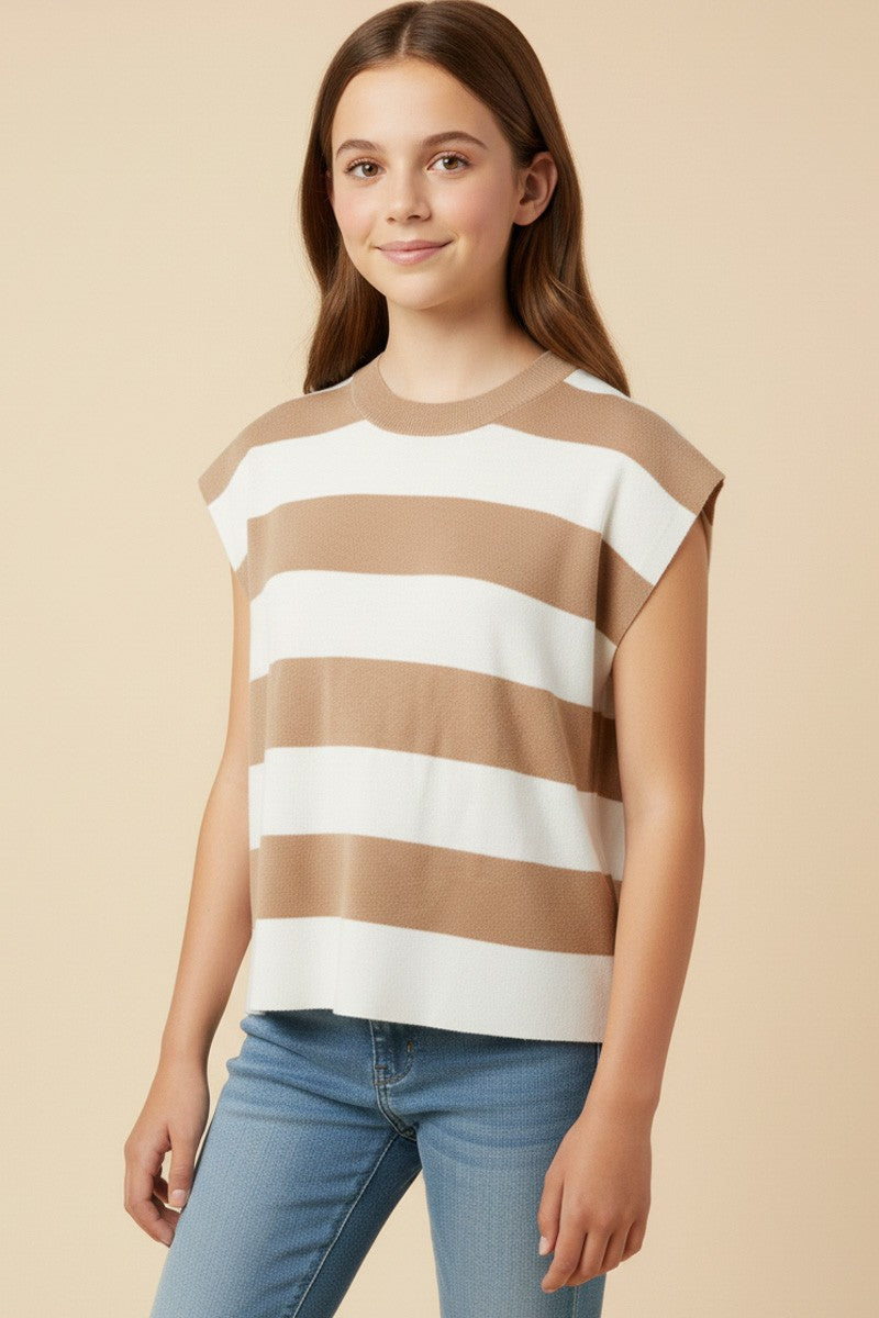 Taupe Girls Striped Soft Sweater Knit Boxy Tank