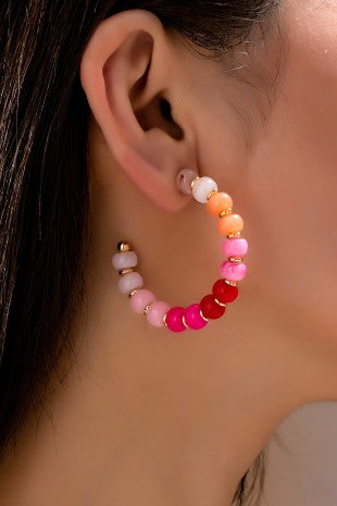Pink Rainbow Beaded Hoop Earrings