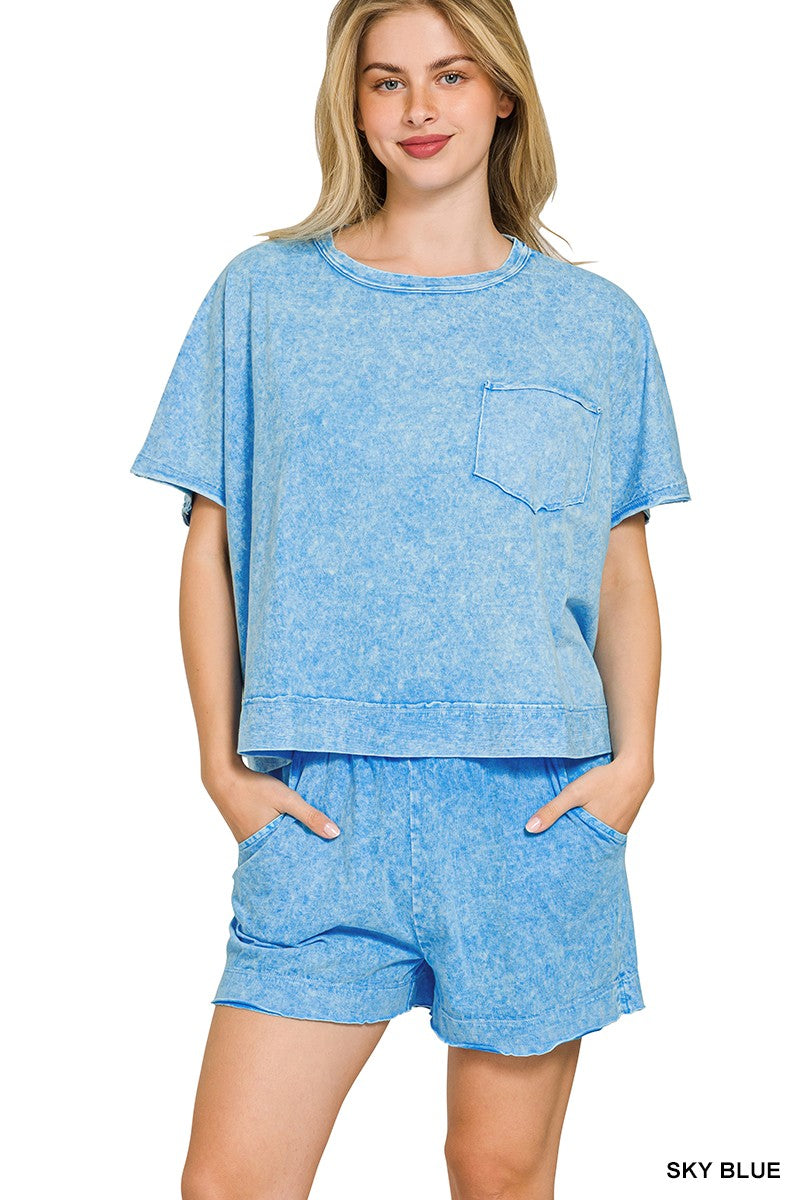 Sky Blue Halo Snow Washed Boxy Top & Shorts Set
