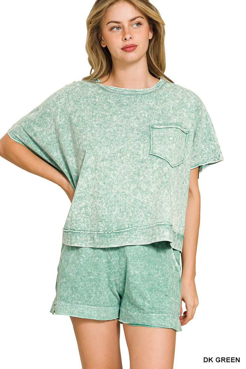 Dark Green Halo Snow Washed Boxy Top & Shorts Set