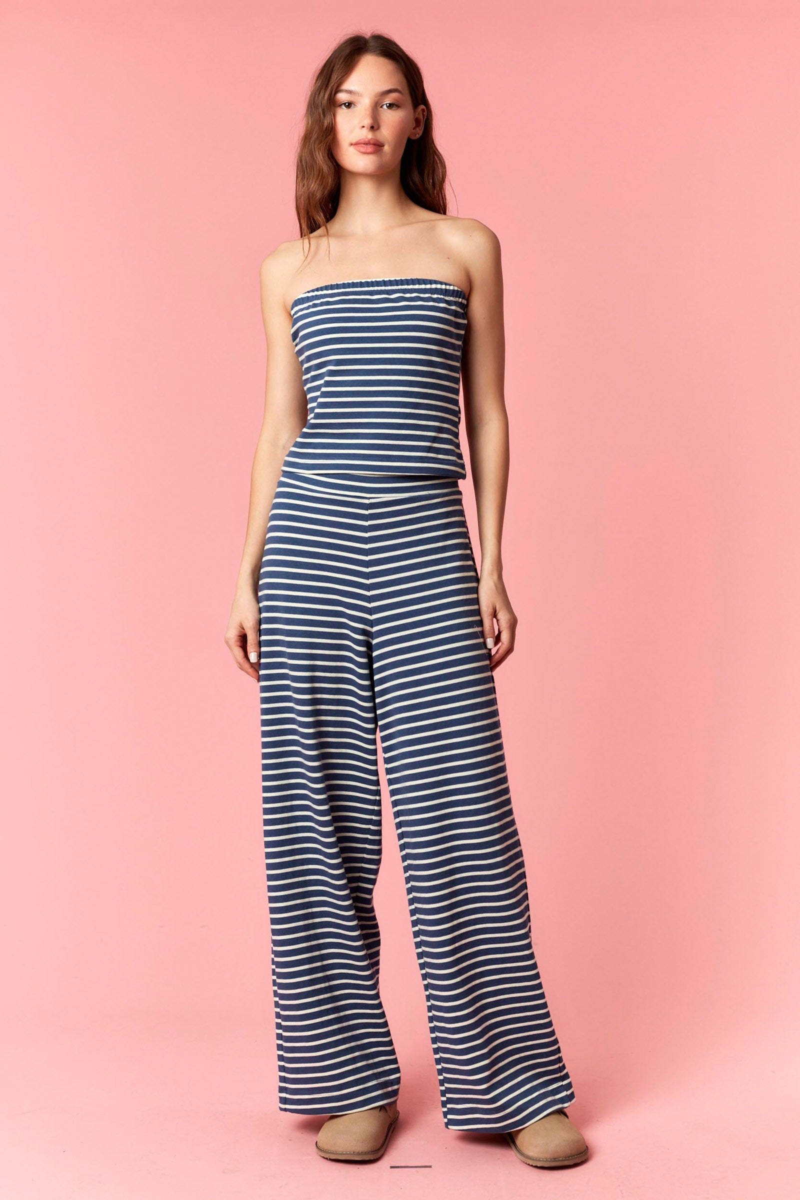 Denim/Cream Striped Slim Tube and Wide Leg Pants Set