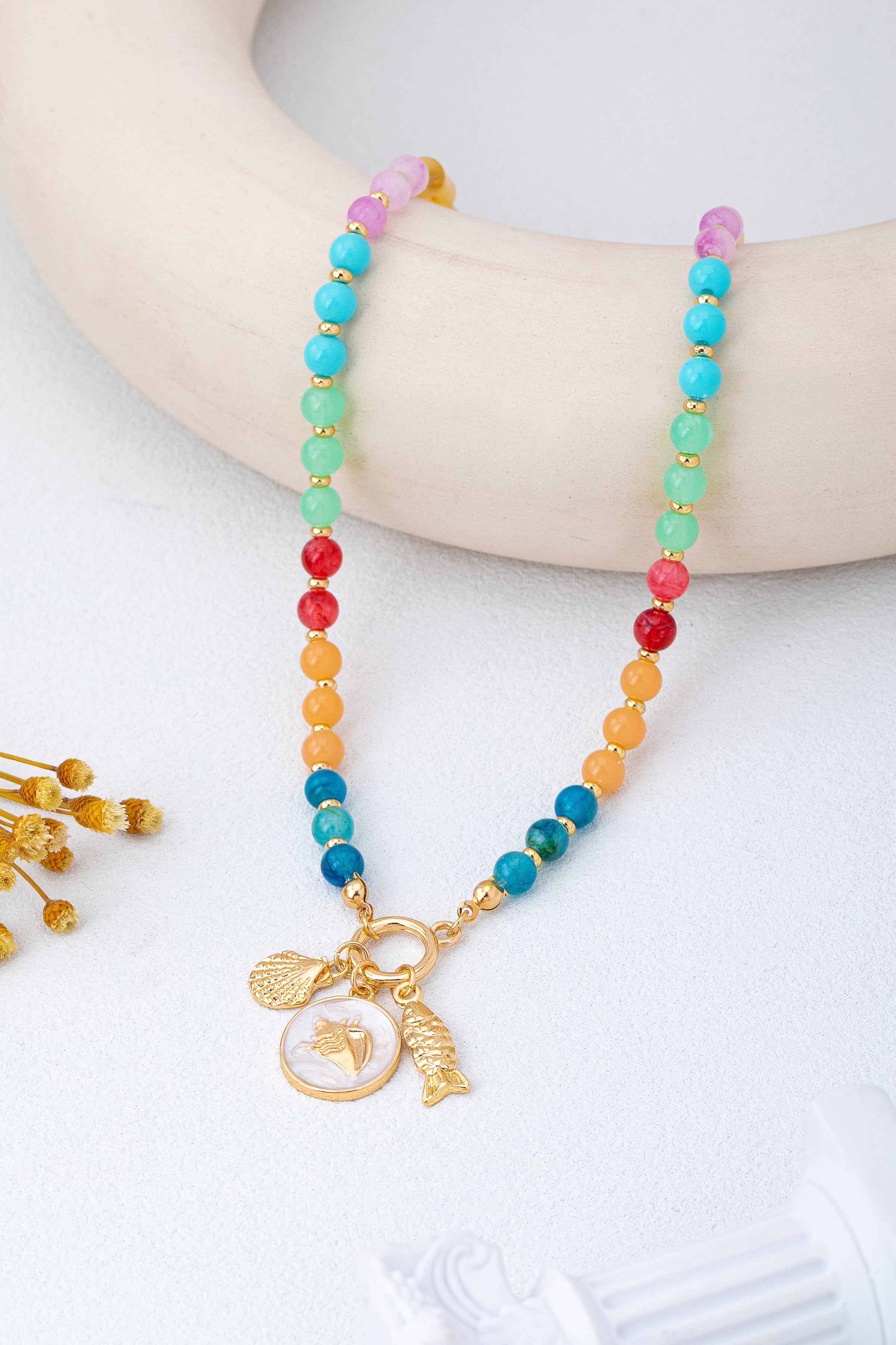 Rainbow Beaded Nautical Charm Necklace