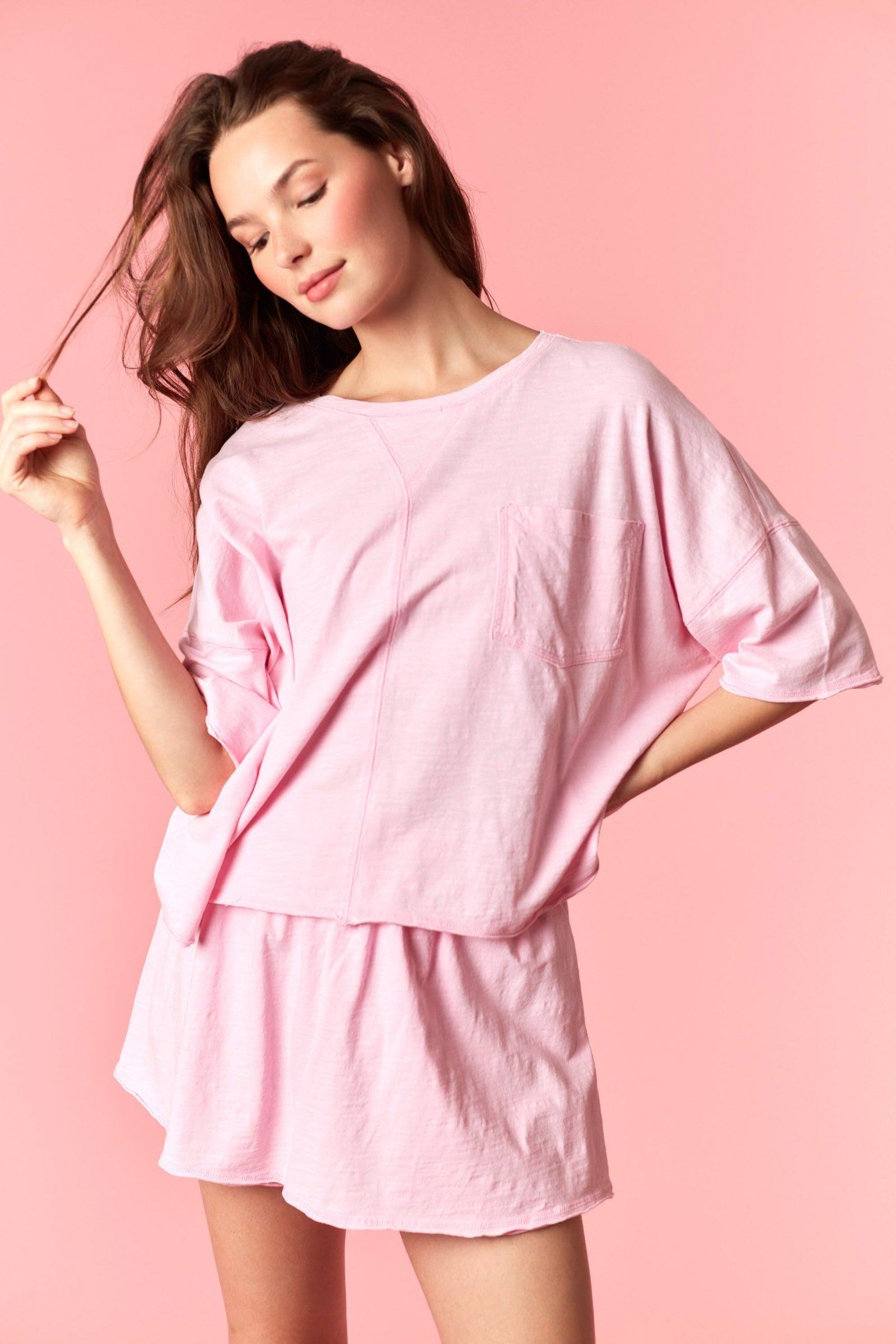 Light Pink Garment Dyed Slub Jersey Crop Top And Shorts Set