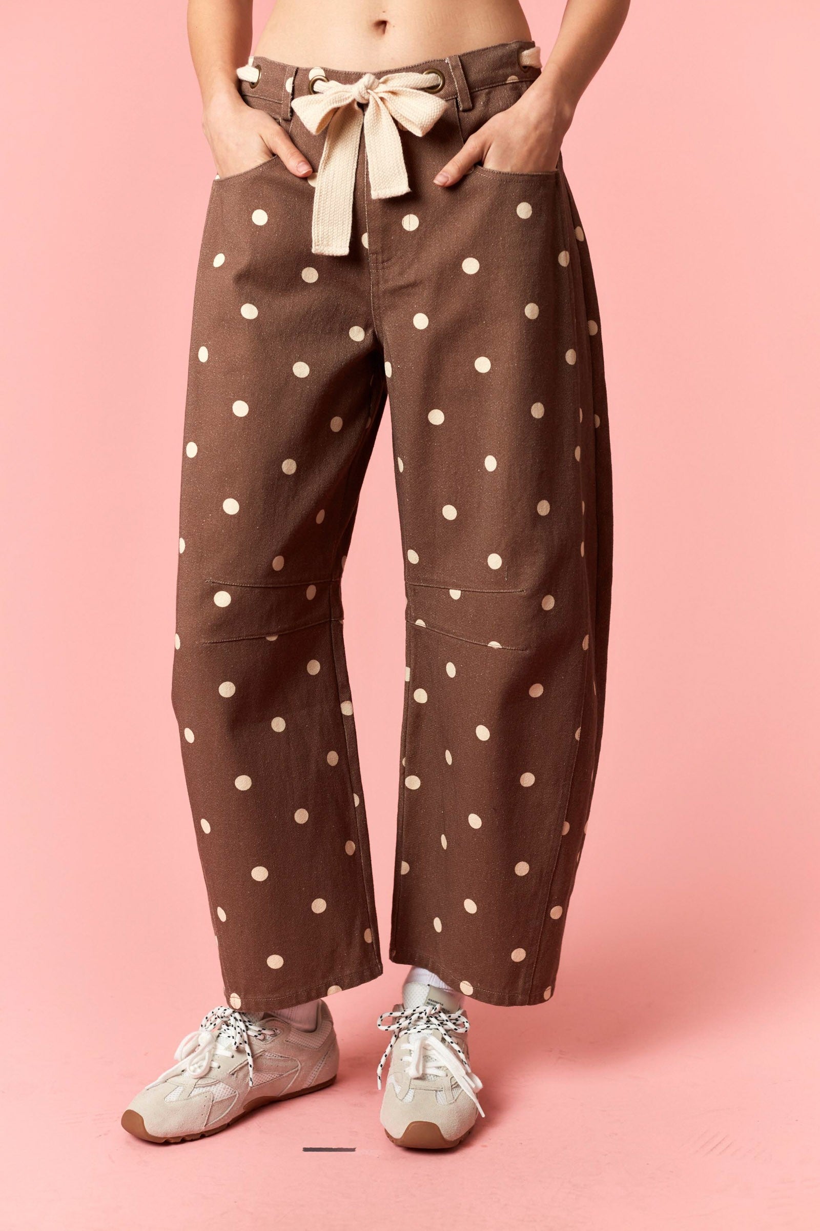 Chocolate Waist Bow Tie Polka Dot Print Barrel Pants