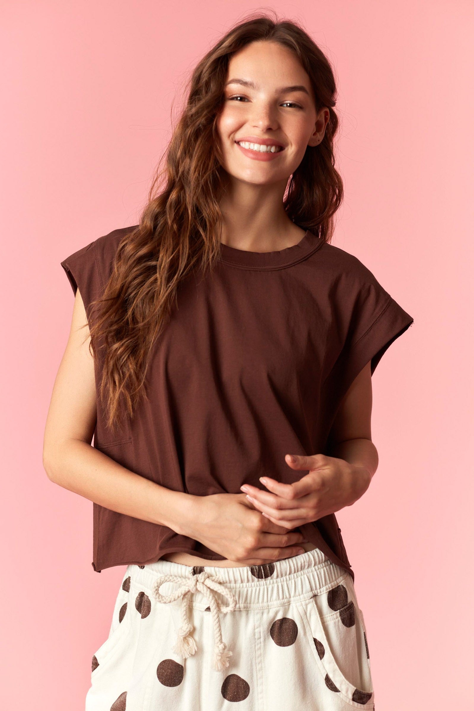Brown Cotton Jersey Round Neck Sleeveless Crop Top