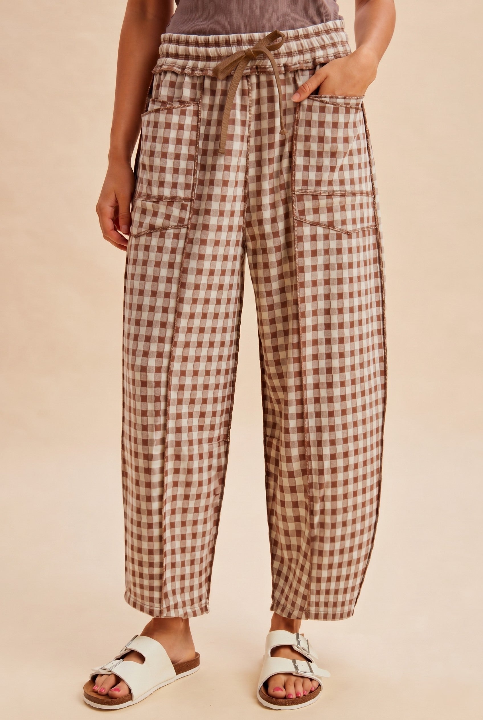 Mocha Soft Brushed Check Barrel Fit Utility Knit Pants