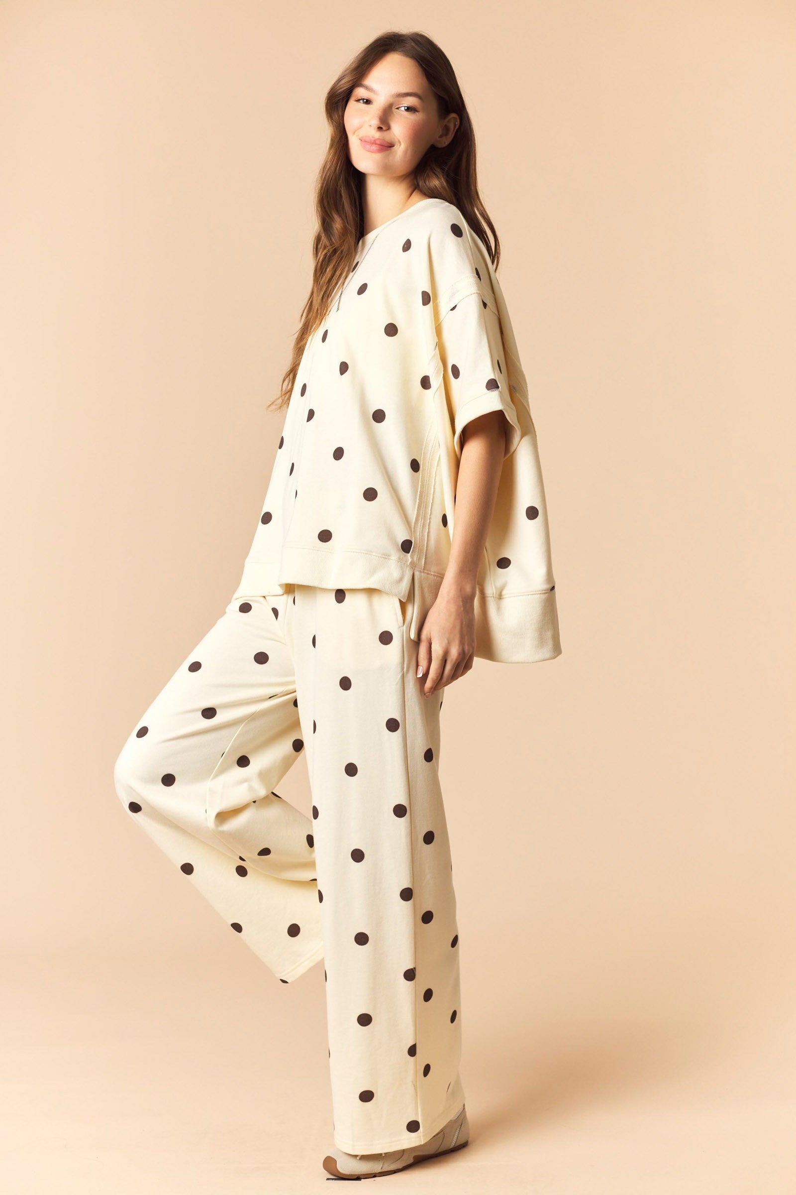 Polka Dot Dolman Sleeve Sweatshirt And Pants Set