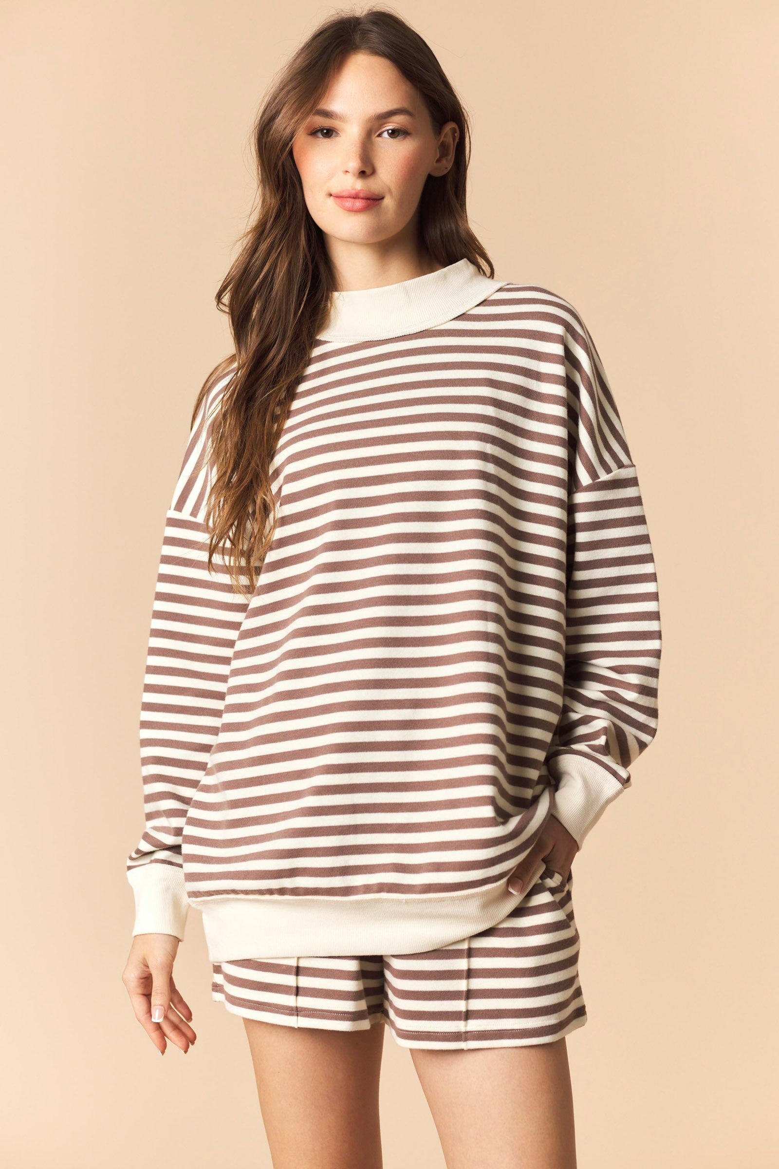 Mocha/Light Brown Stripe Mock Neck Brushed Sweatshirt And Shorts Set