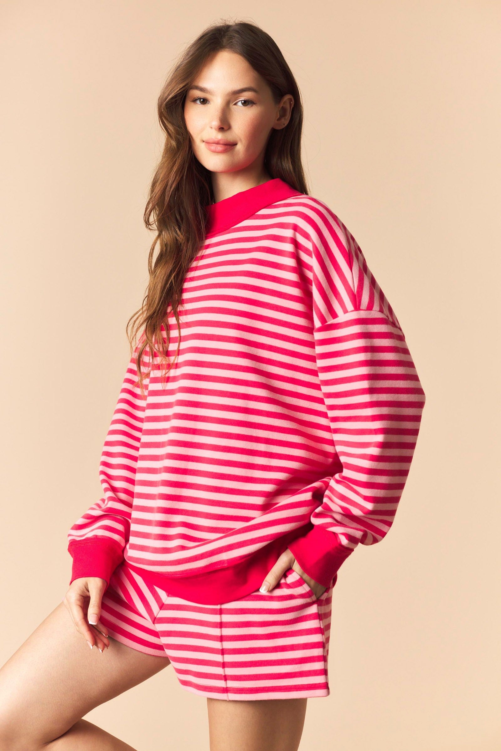 Coral/ Light Pink Stripe Mock Neck Brushed Sweatshirt And Shorts Set