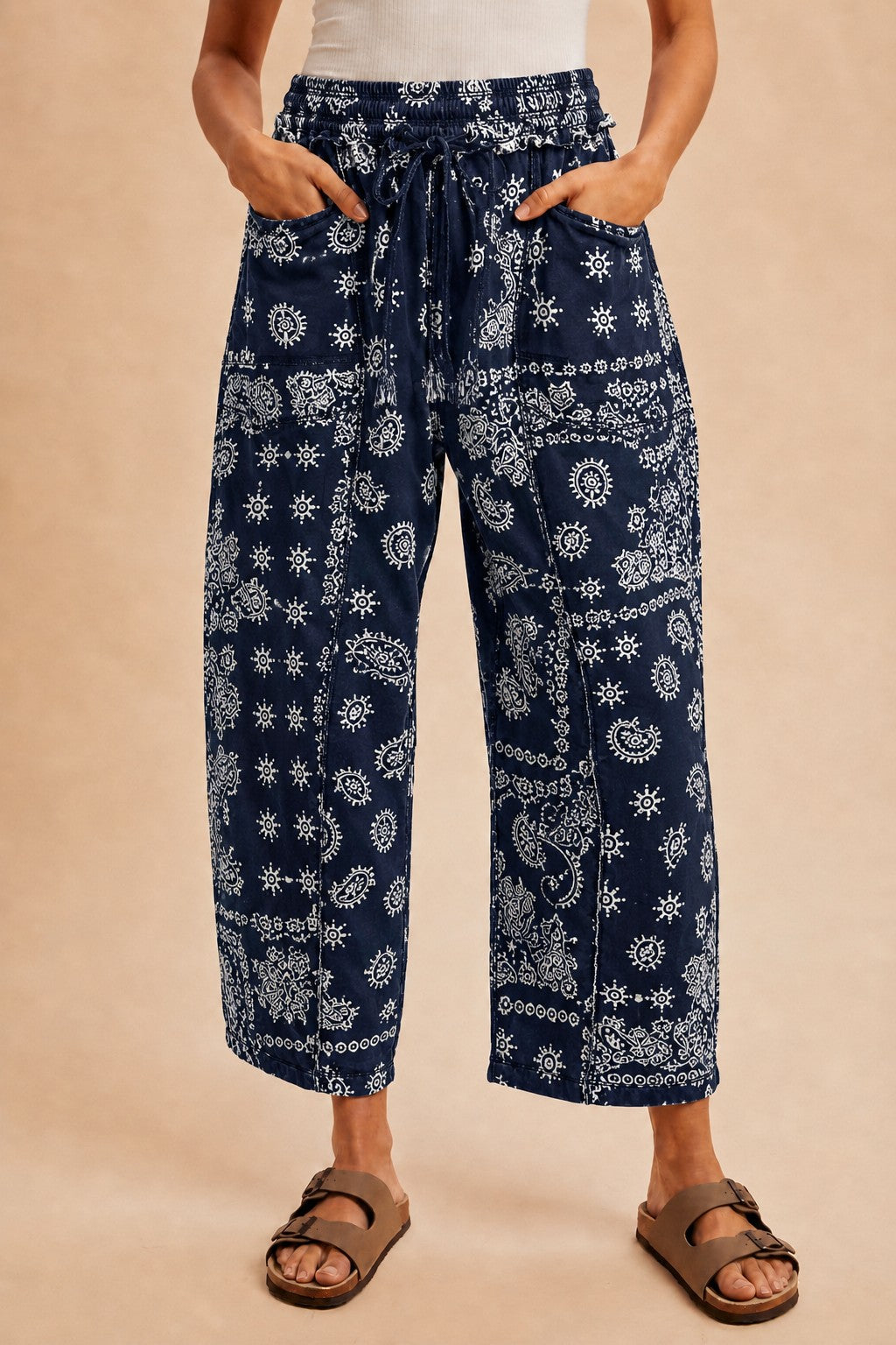 Navy Bandana Printed Barrel Fit Utility Knit Pants
