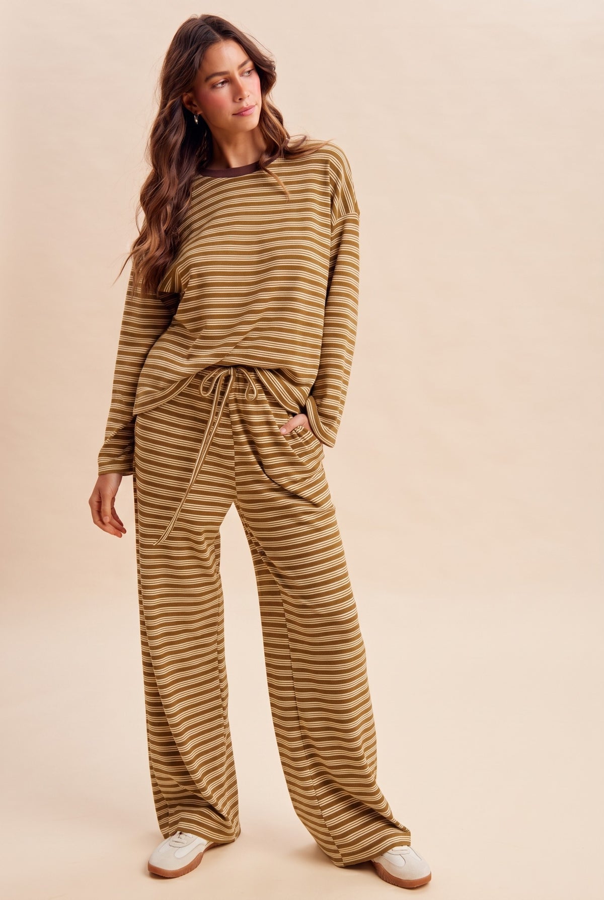 Golden Brown Brushed Stripe Jersey Tee And Drawstring Waist Pants Set