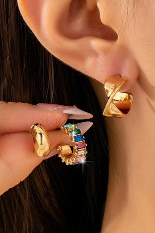 Multi Colored Baguette Twisted Hoop Trio Earring Set