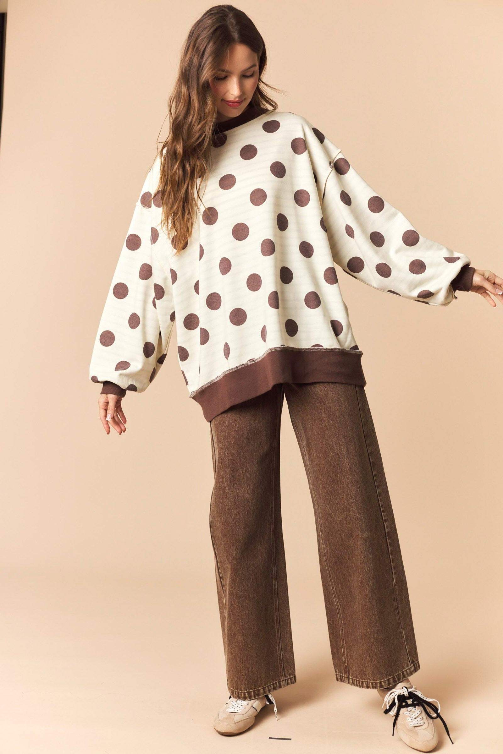 Brown Reversible Polka Dot And Stripe Mock Neck Sweatshirt