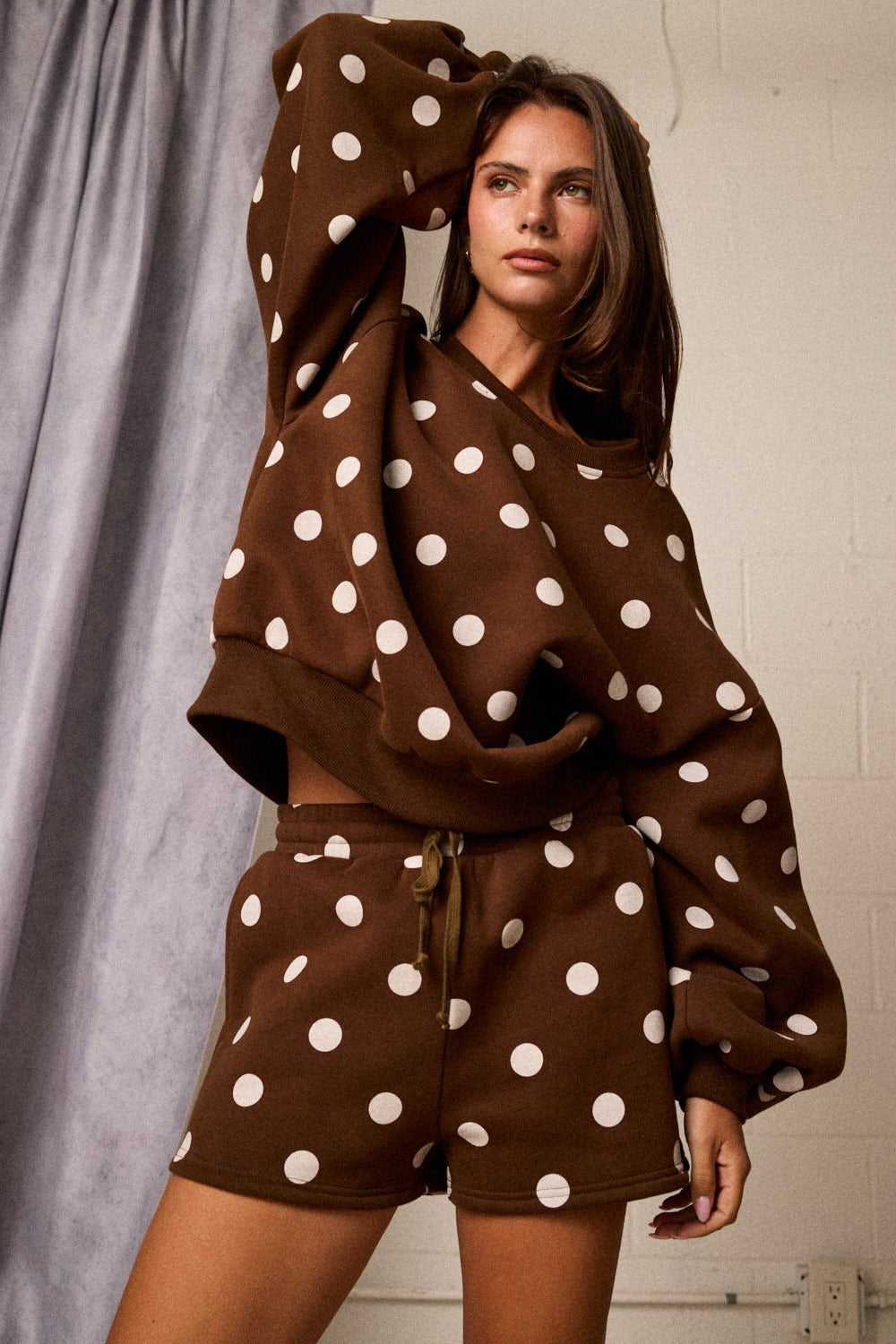 Brown w/ White Polka Dot Fleece Set