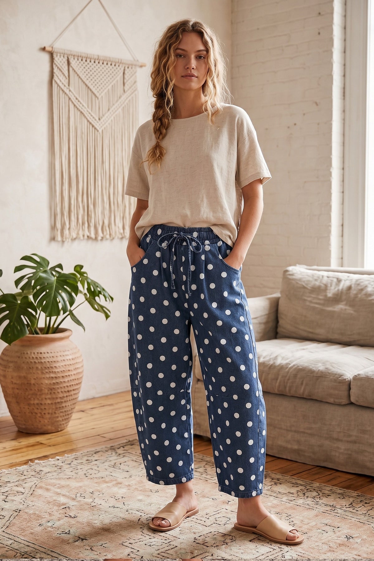 Dark Denim Polka Dot Denim Barrel Pants