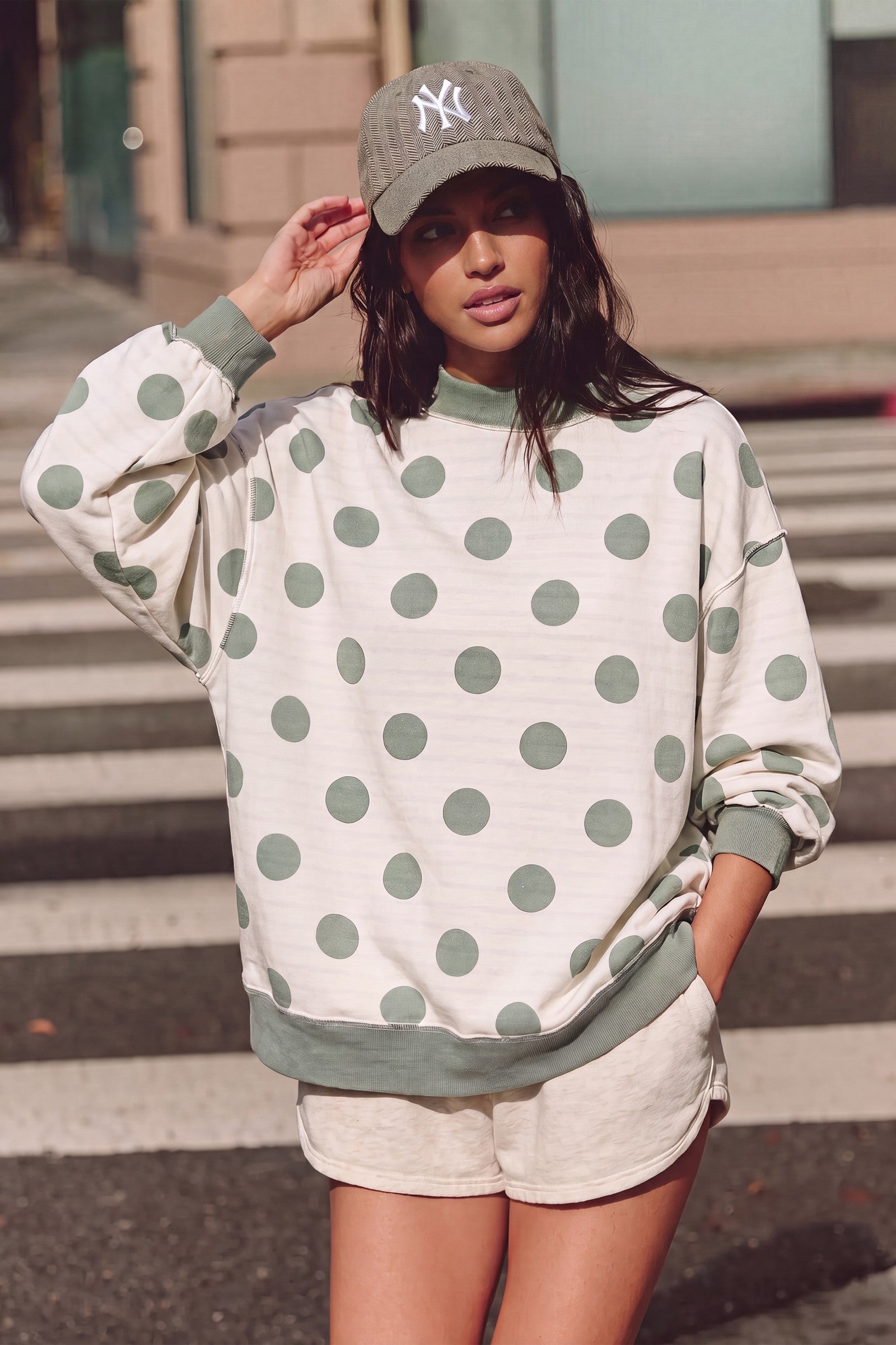 Sage Reversible Polka Dot And Stripe Mock Neck Sweatshirt