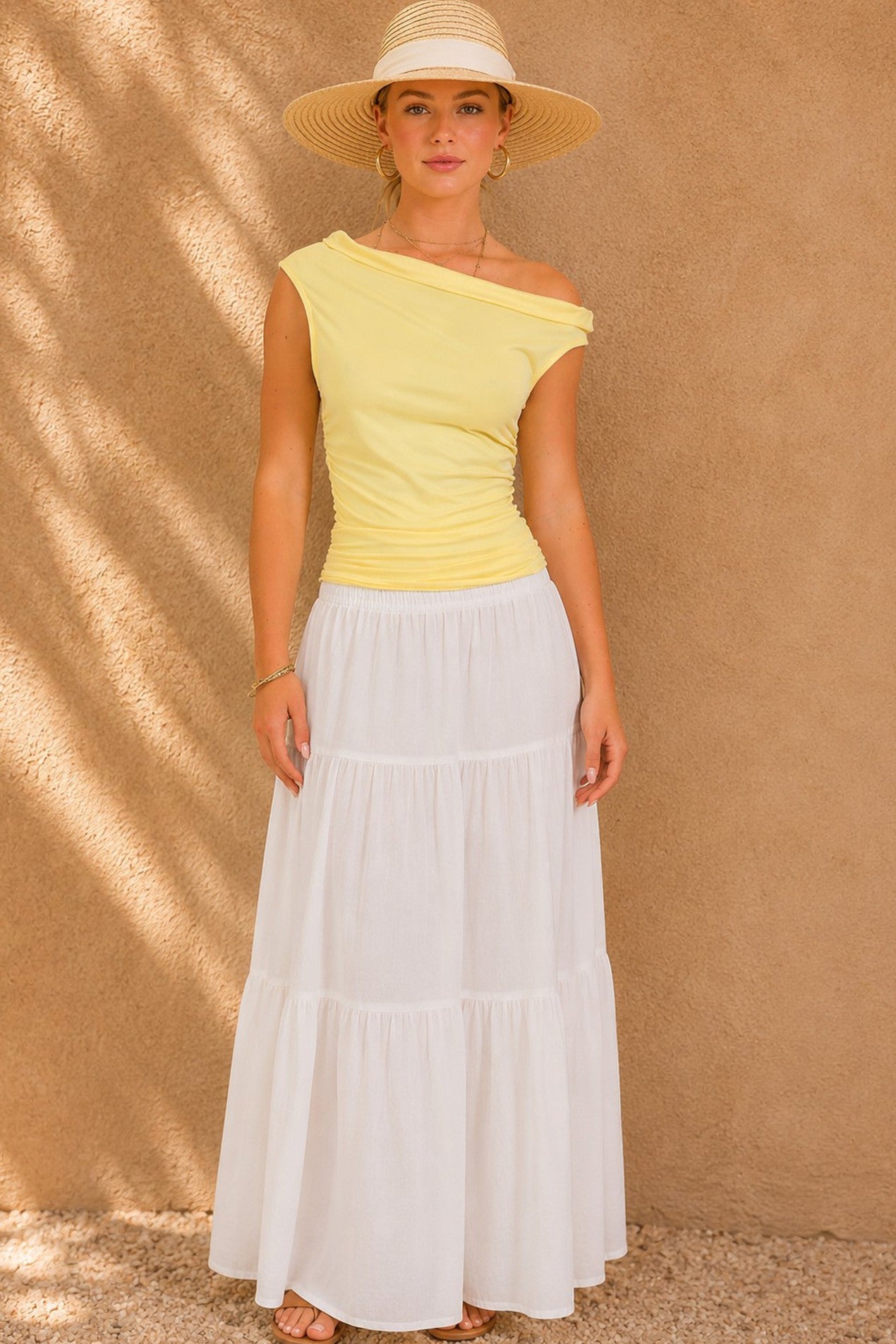 Yellow Asymmetrical Ruched One-shoulder Top