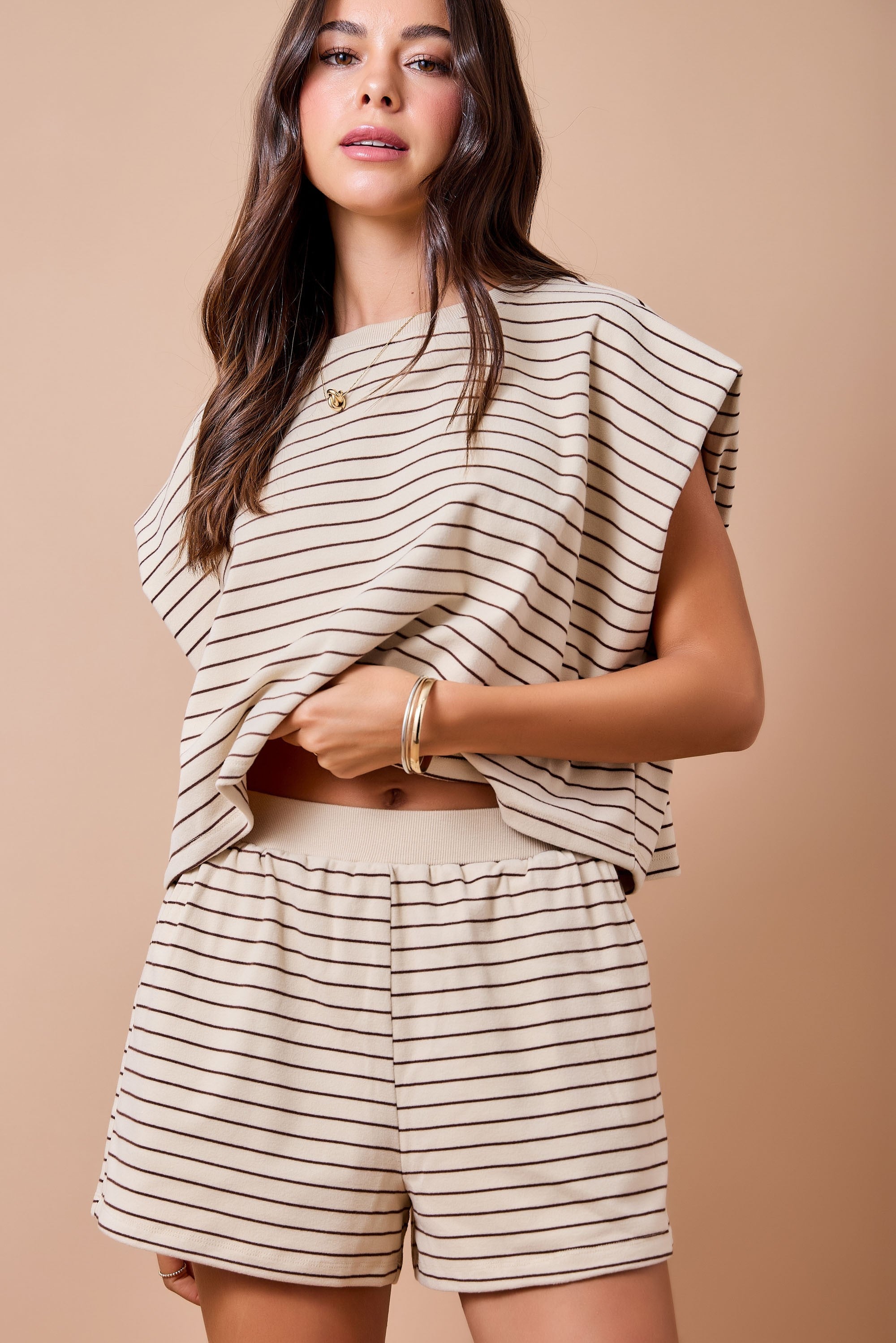 Tan/Brow Boxy Stripe Sleeveless Lounge Top W/ Contrast Neck