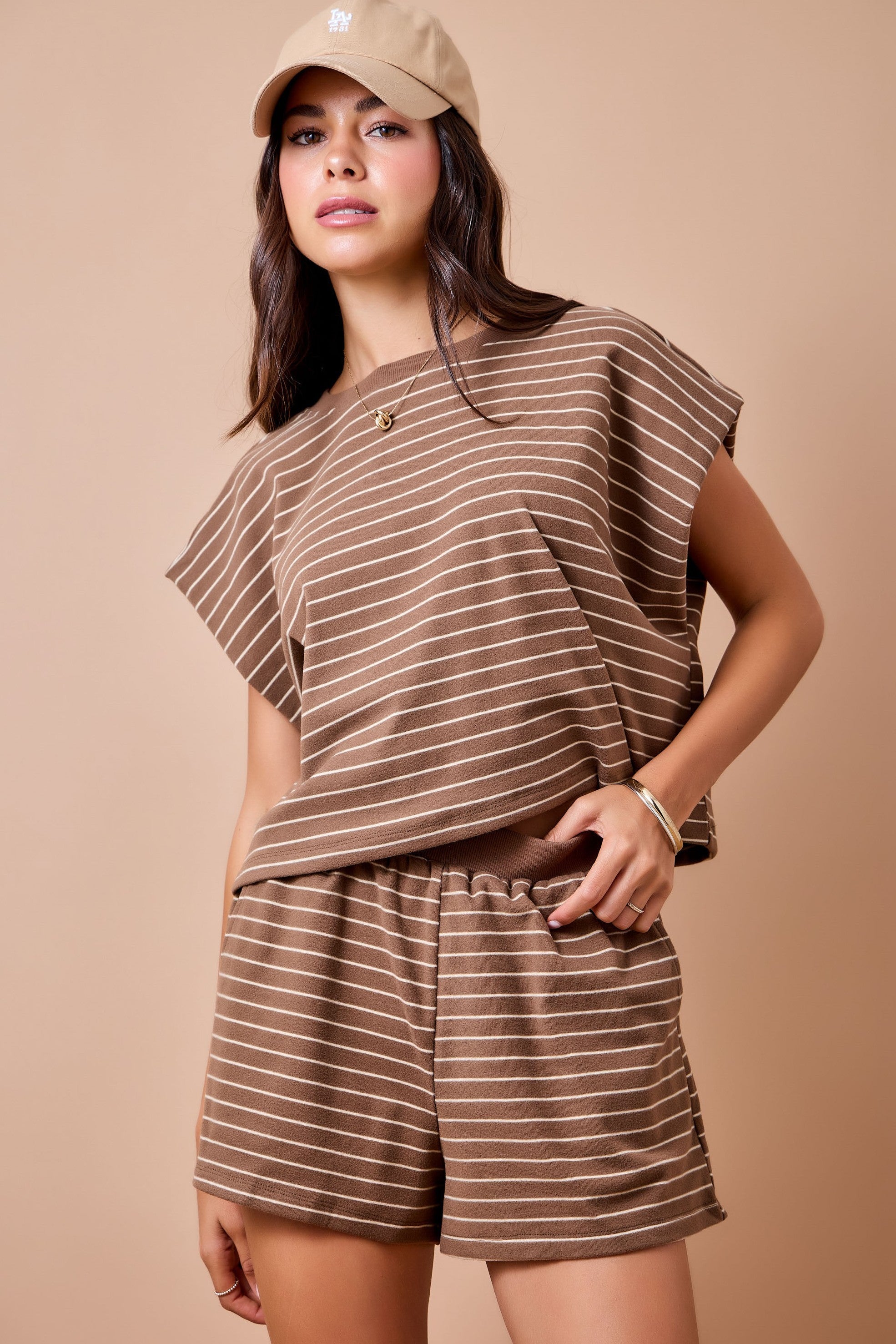 Mocha/Tan Boxy Stripe Sleeveless Lounge Top W/ Contrast Neck
