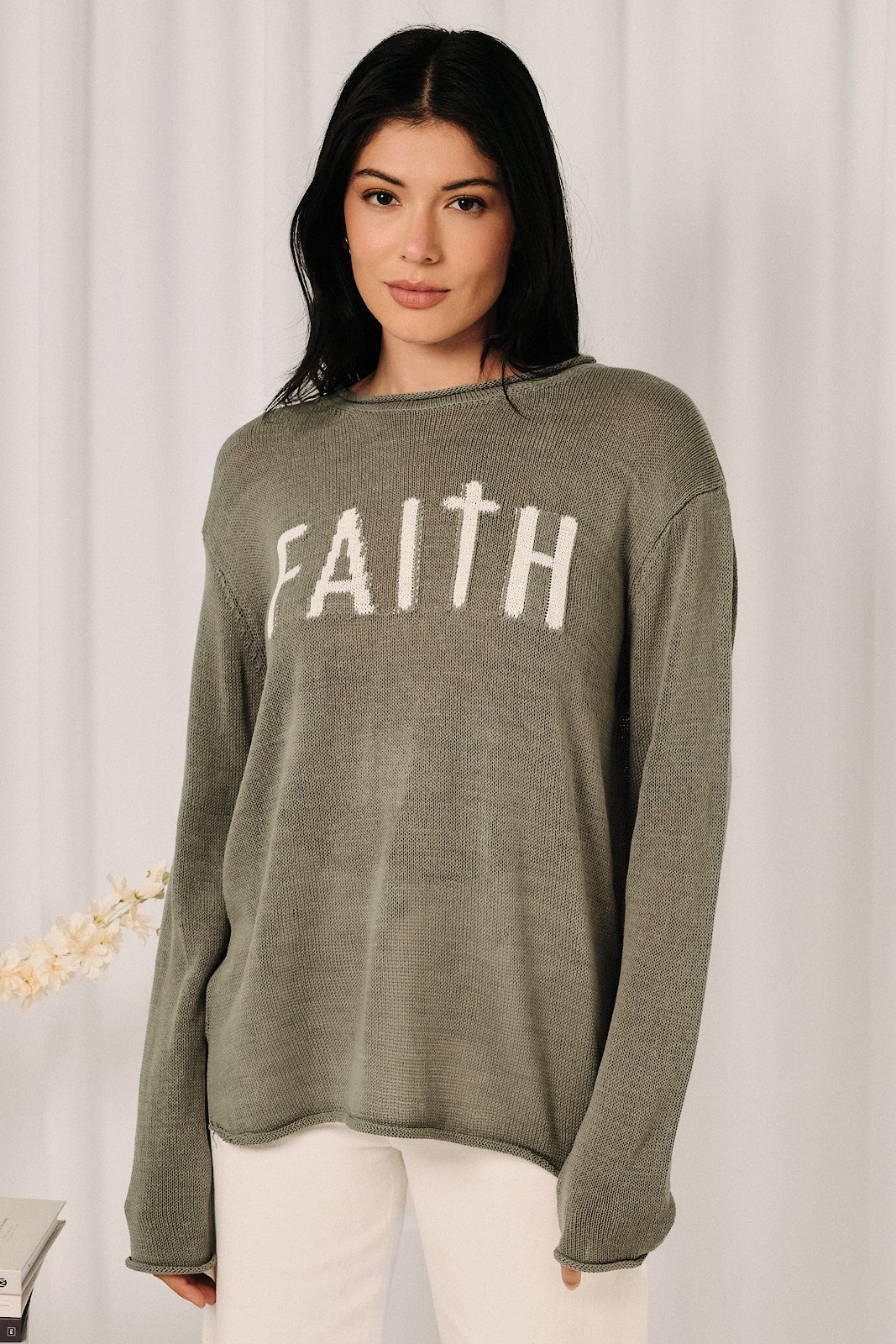 Sage Green Round Neck Faith Graphic Lightweight Knit Sweater Top