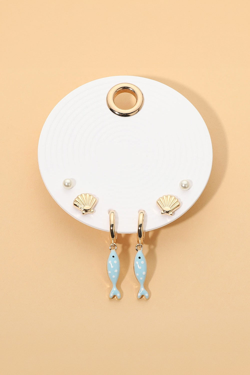 Pearl Seashell Stud Fish Drop Huggie Earring Set