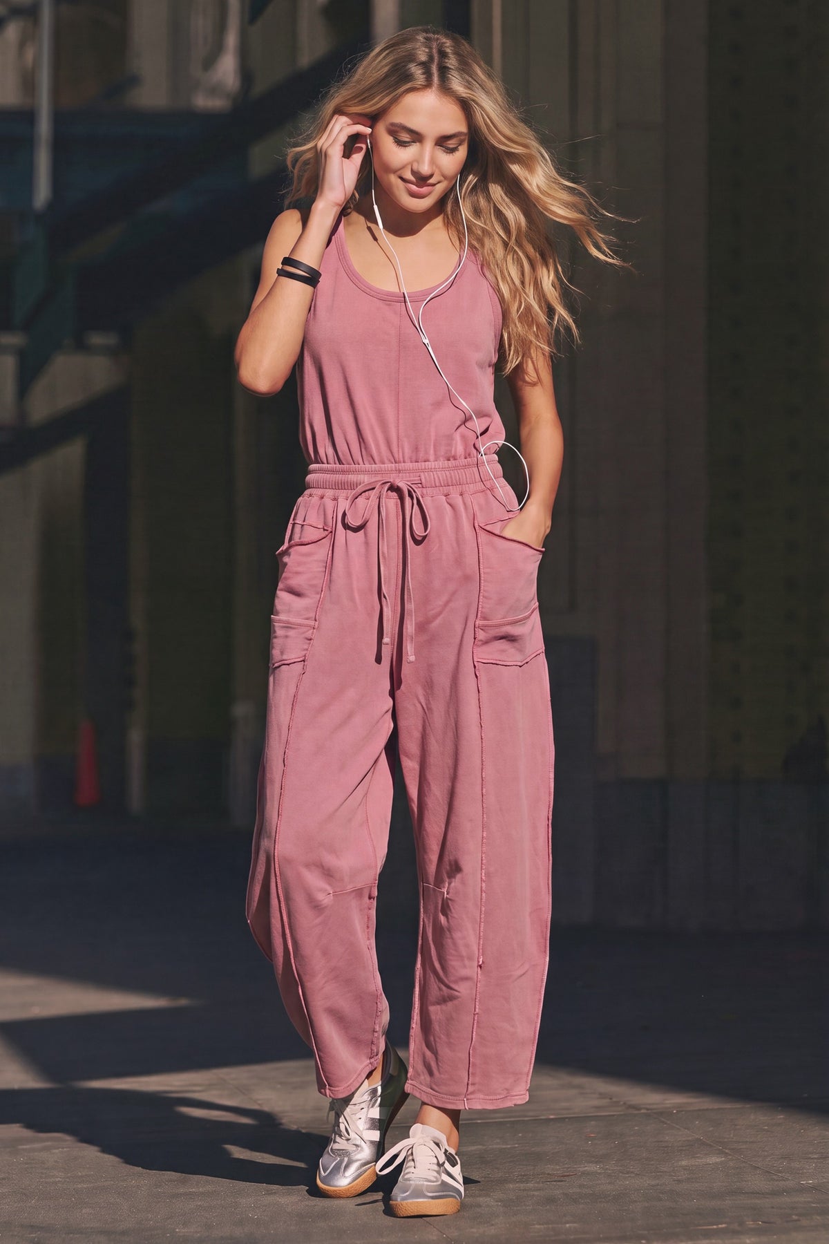 Dark Rose Washed French Terry Slvless Pocket Barrel Jumpsuit