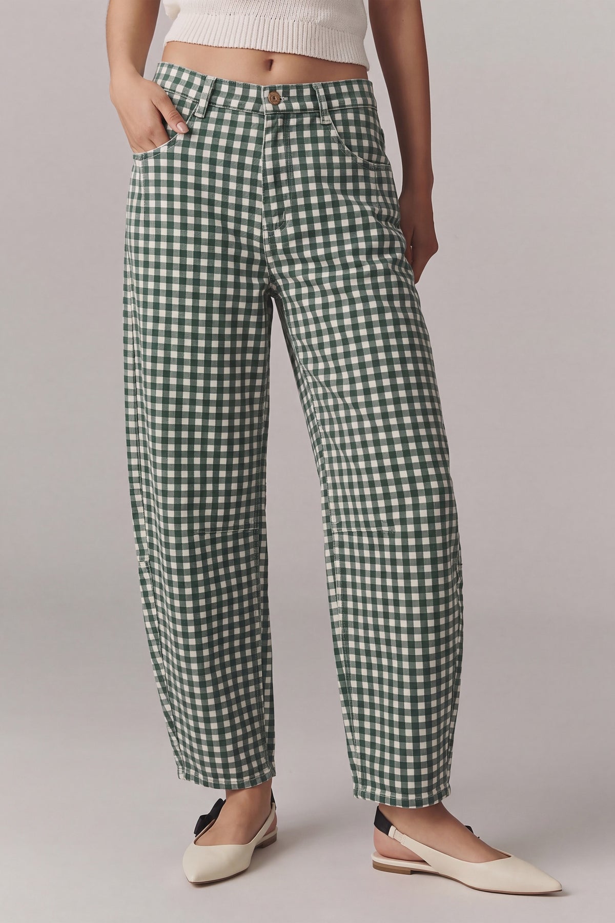 Hunter Green Washed Gingham Print Barrel Pants