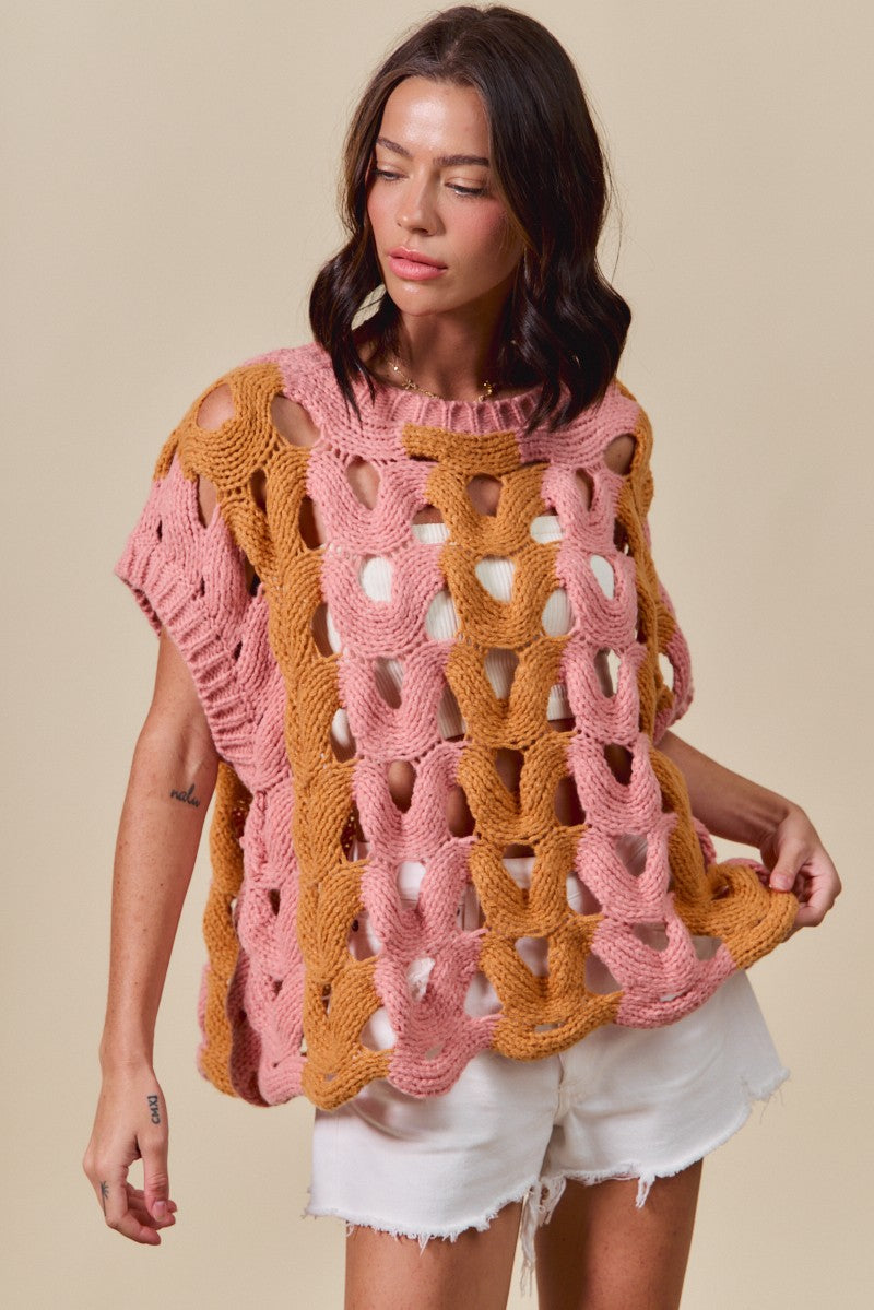 Color Block Open Knit Sweater Vest Top