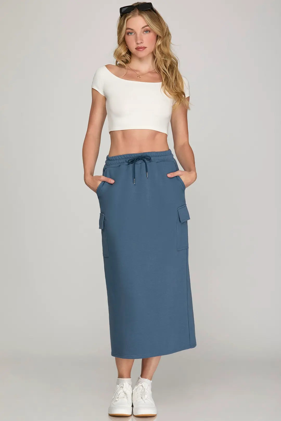 Blue Terry Knit Cargo Midi Skirt