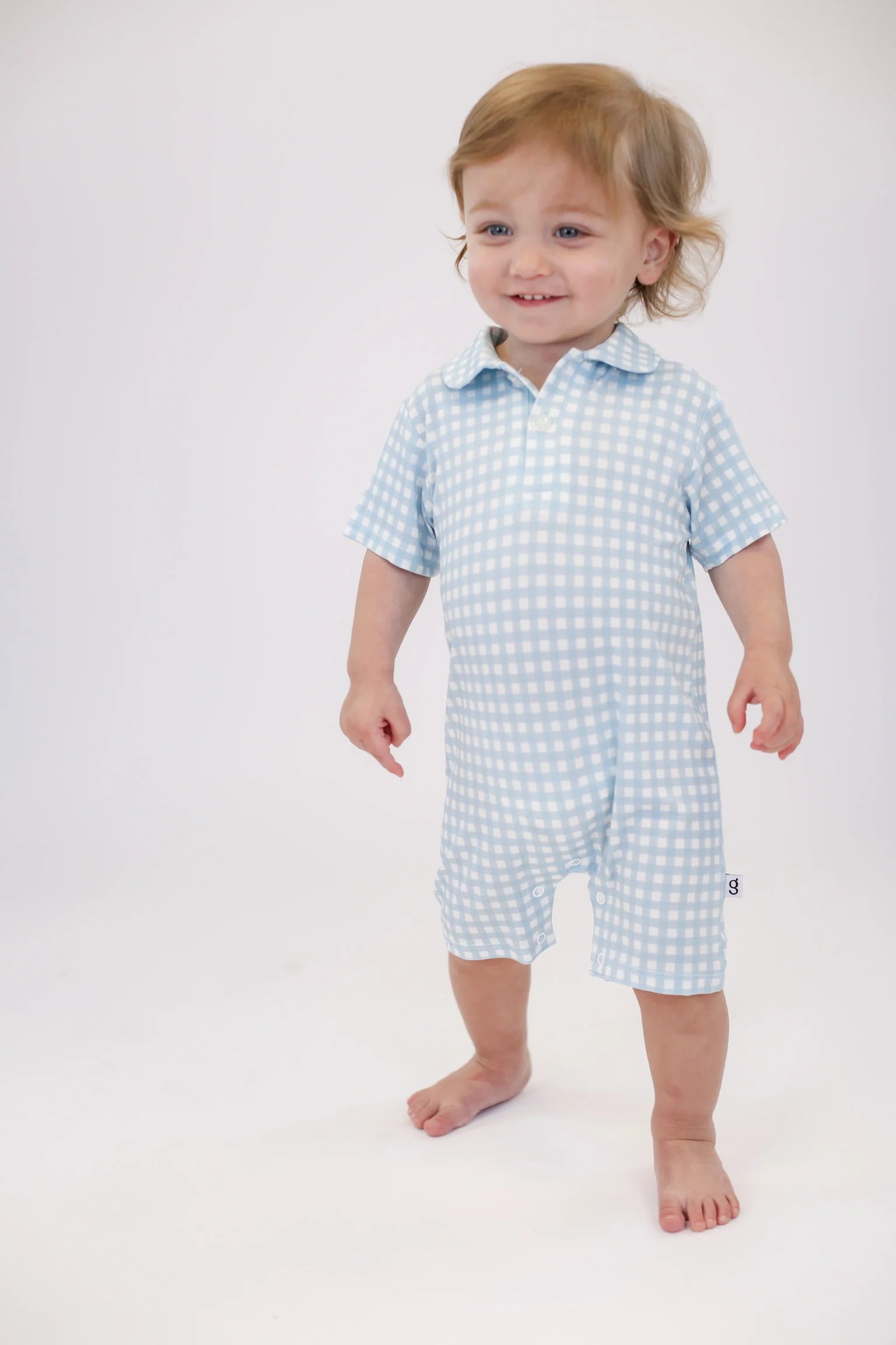 SS Polo Romper - Gingham in Cottage Blue