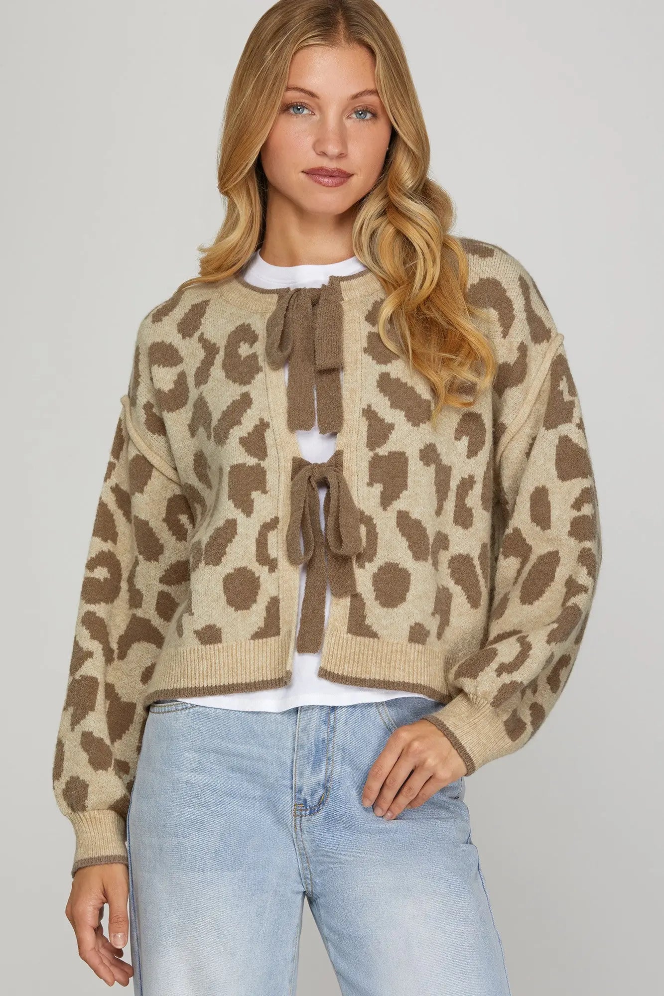 Leopard Patterned Bow Tie Sweater Cardigan