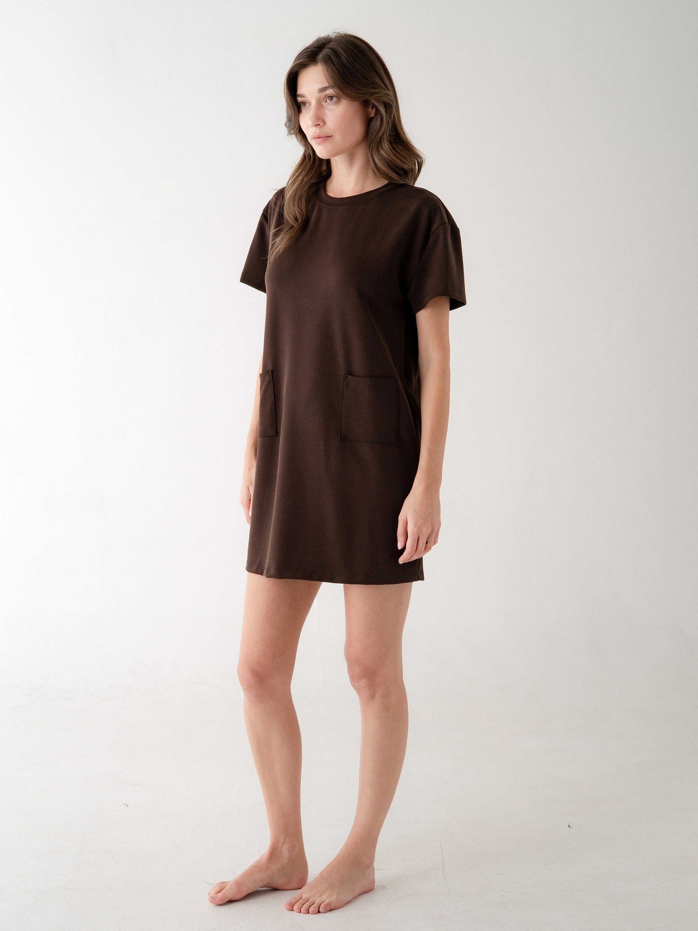 Coffee Brown Short Sleeve Pocket Dress