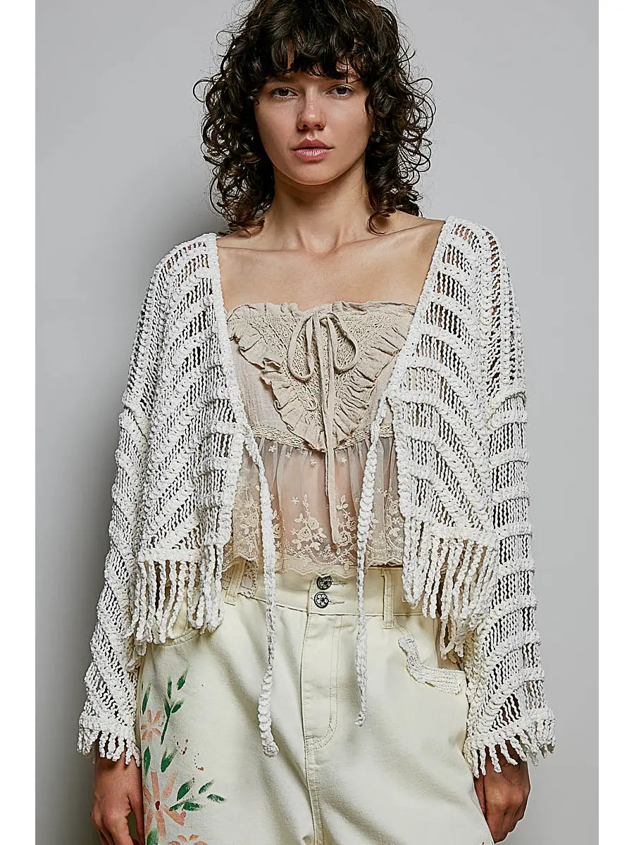 Cream Airy Open-Weave Striped Fringe Open-Front Crochet Cardigan