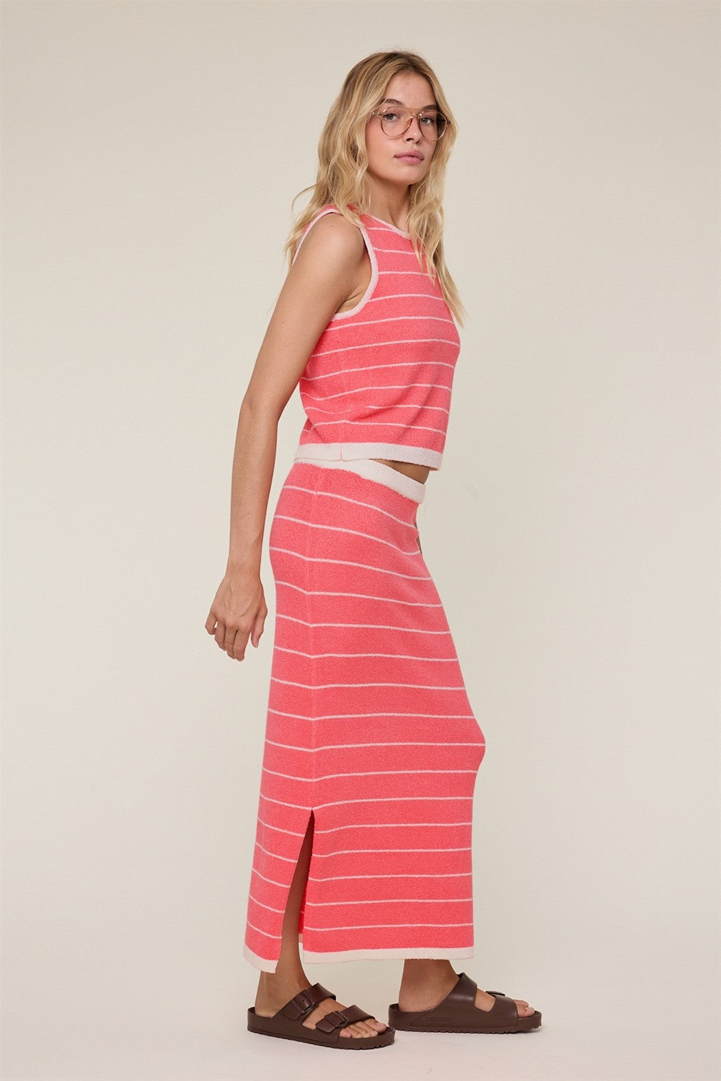 Guava & Cream Striped Knit Sweater Tank And Skirt Set