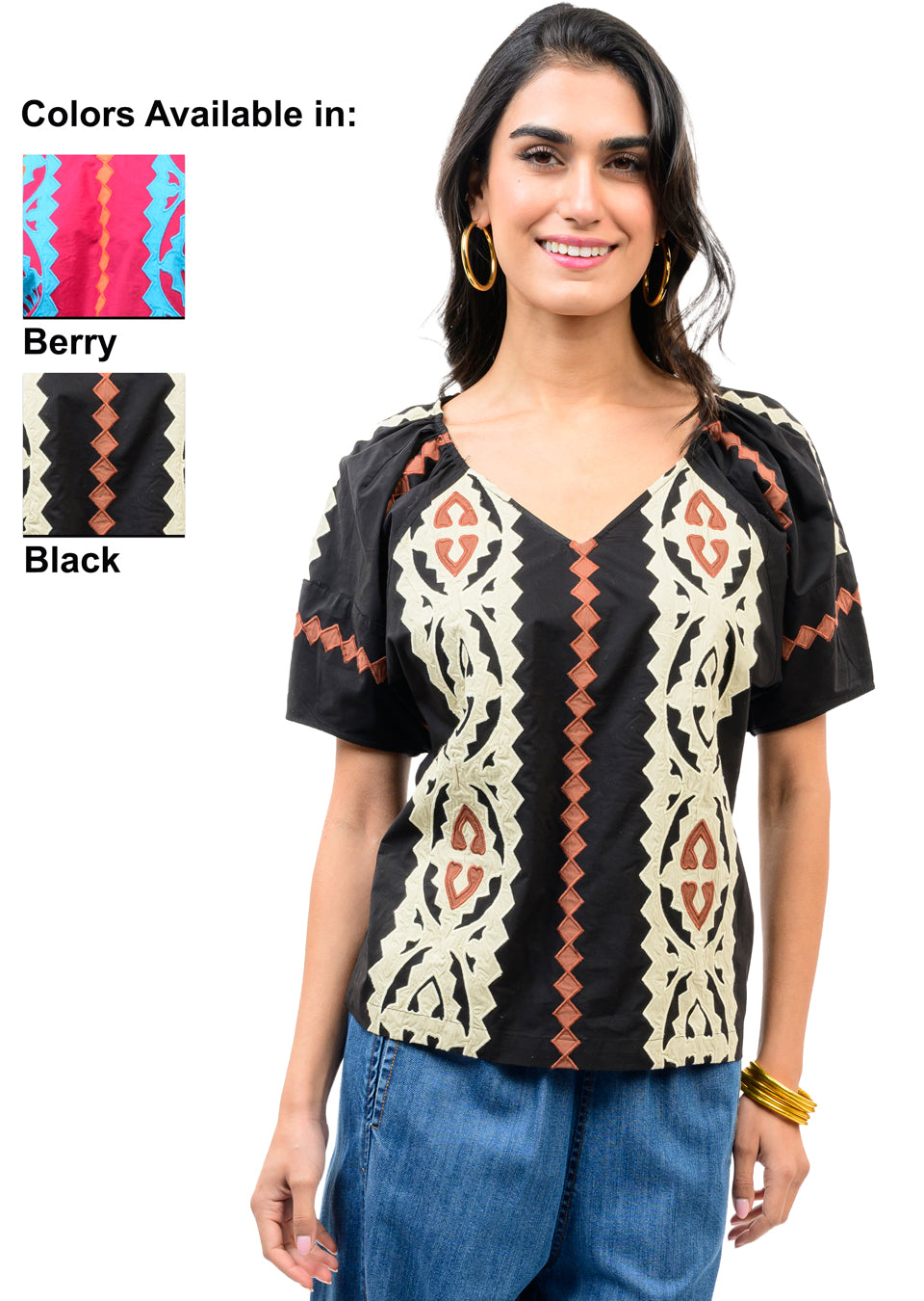 Black Applique V-neck Top