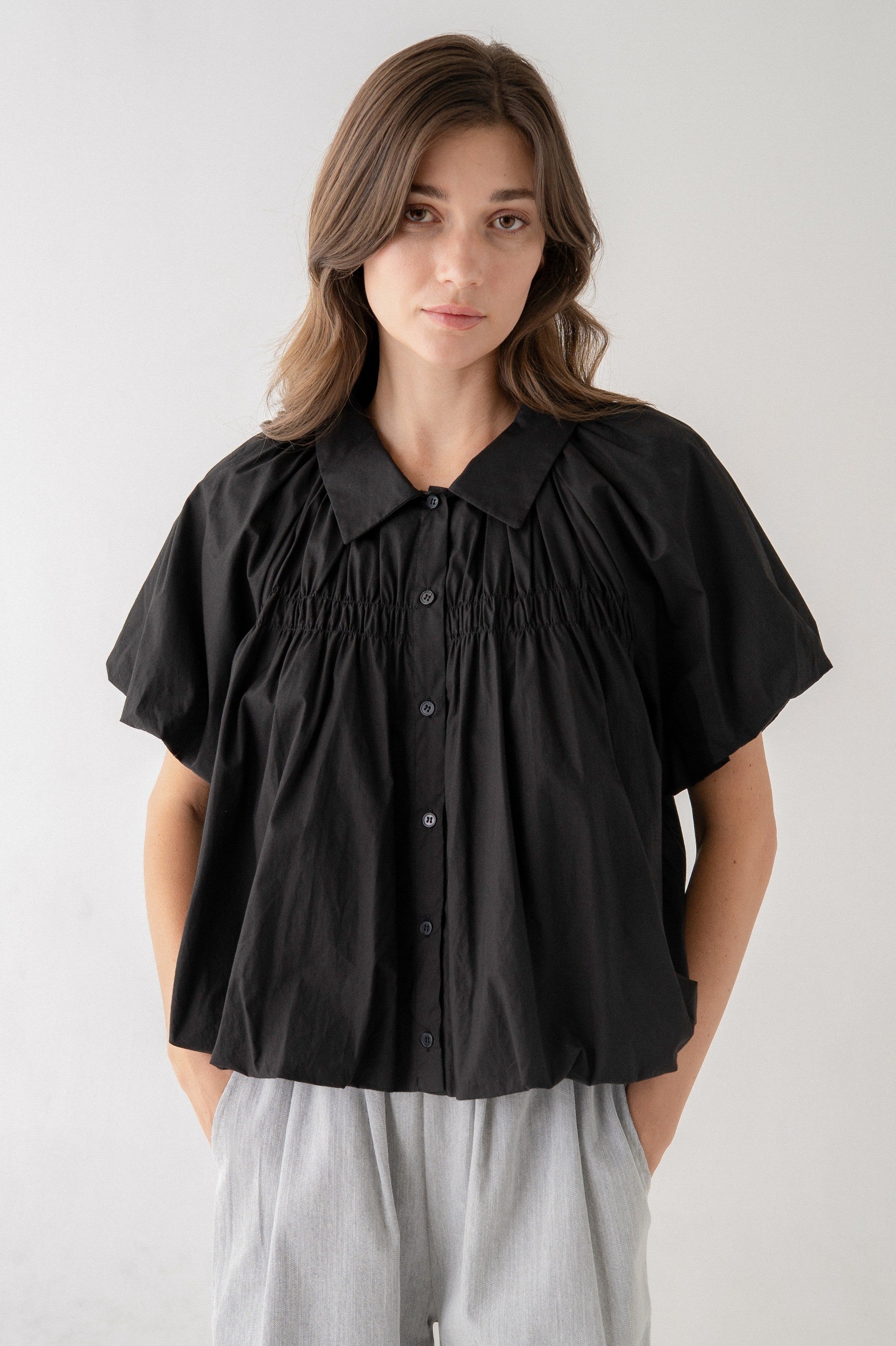 Black Puff Sleeve Blouse With Gathered Bodice