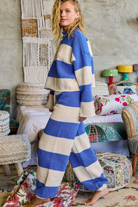 Blue/Cream Striped Pattern Chenille Sweater Long Sleeve Mock Neck Set